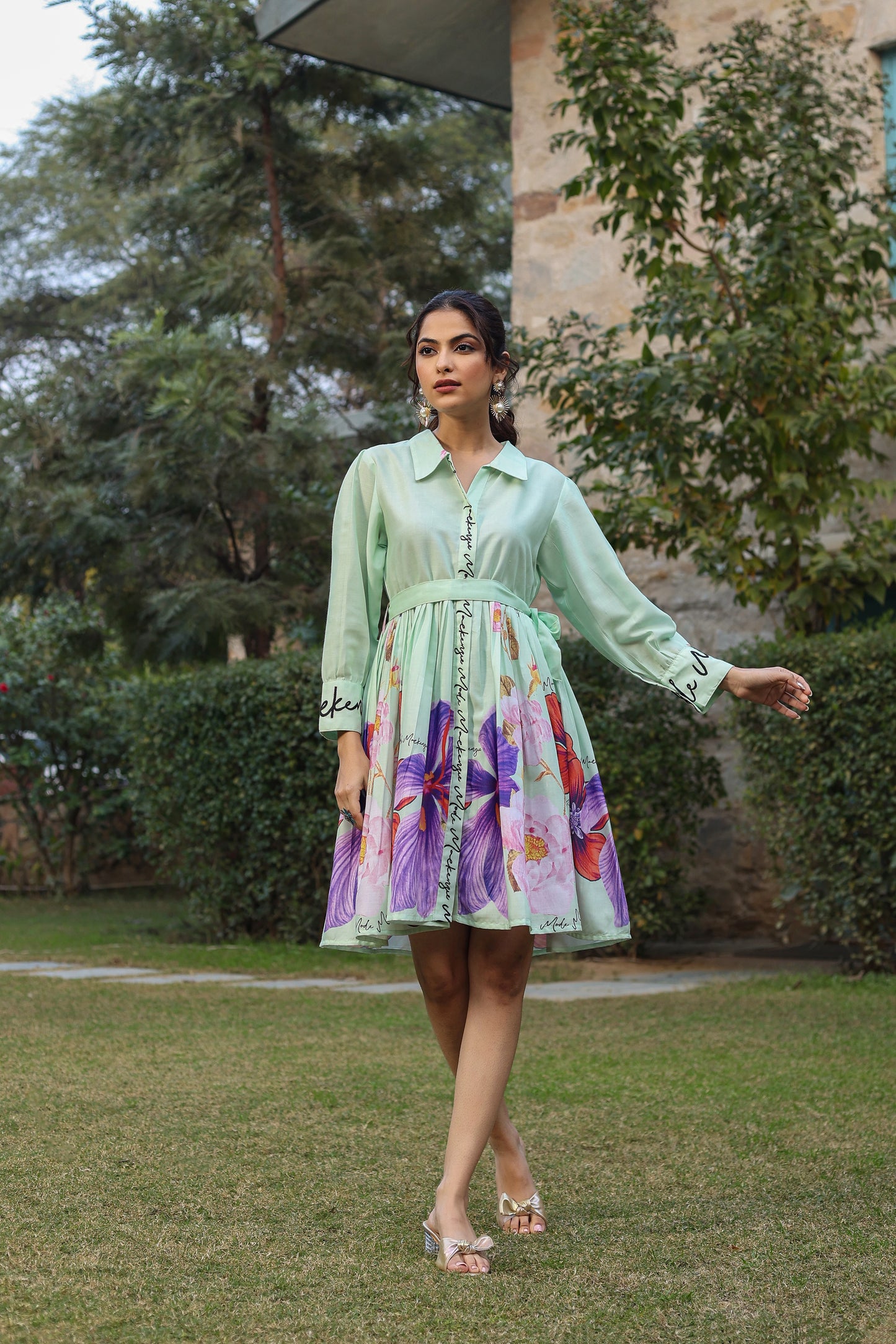 Soft Green Floral Print Knee-Length Cotton Dress