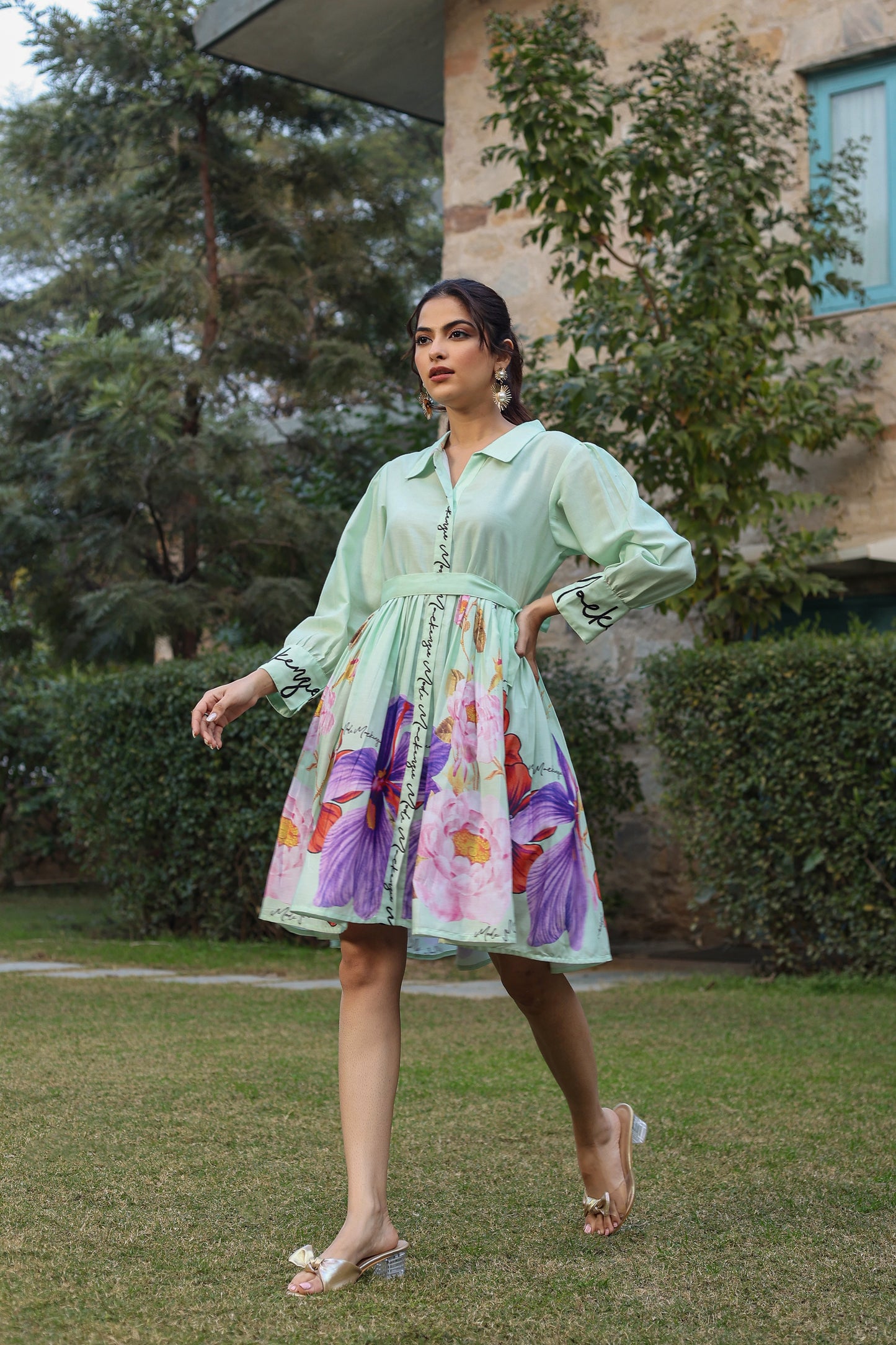 Soft Green Floral Print Knee-Length Cotton Dress