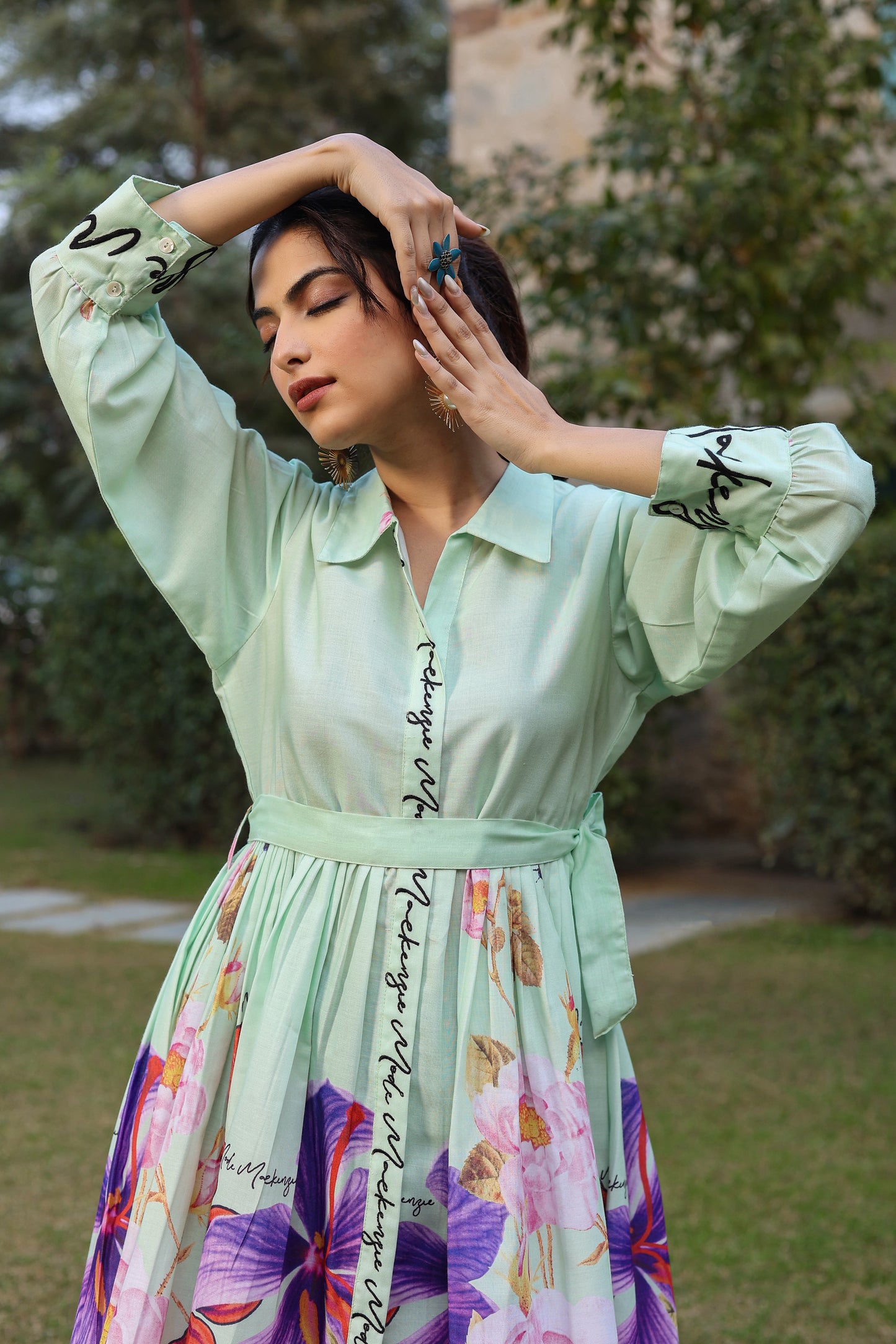 Soft Green Floral Print Knee-Length Cotton Dress