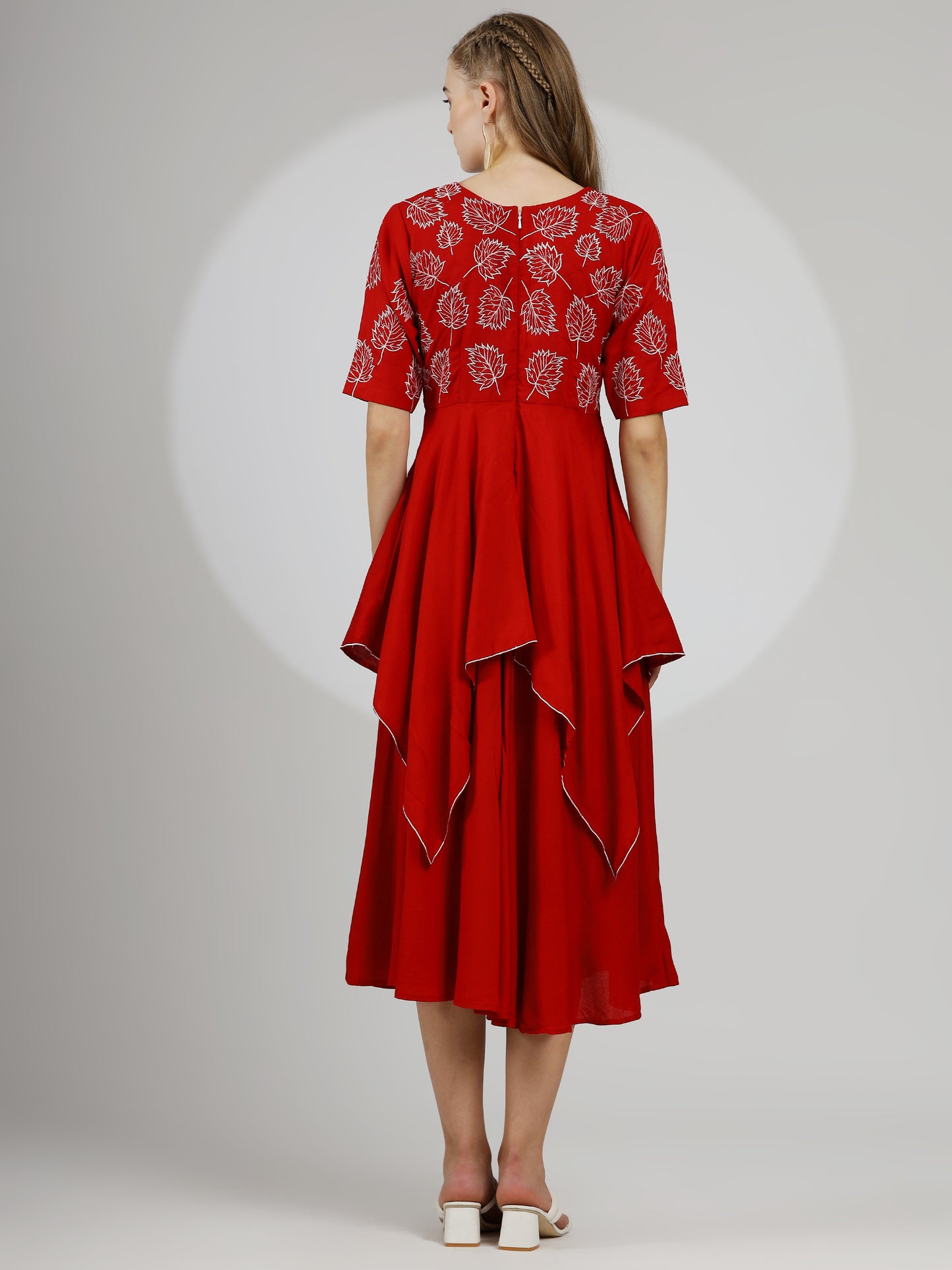 Scarlet Elegance Hand-Embroidered Rayon Cotton Midi Dress