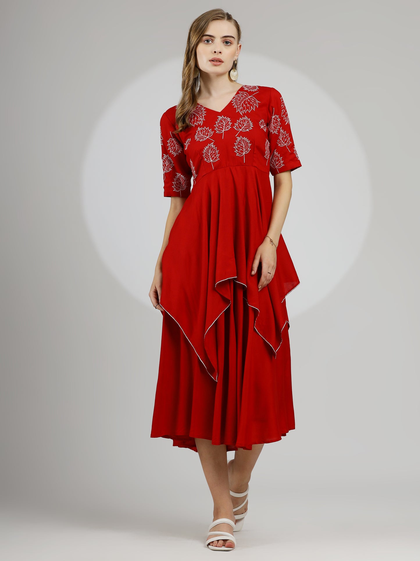 Scarlet Elegance Hand-Embroidered Rayon Cotton Midi Dress