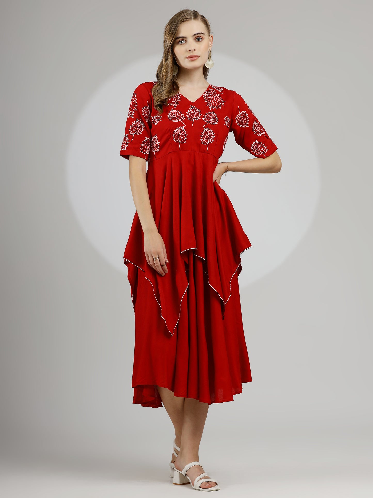 Scarlet Elegance Hand-Embroidered Rayon Cotton Midi Dress