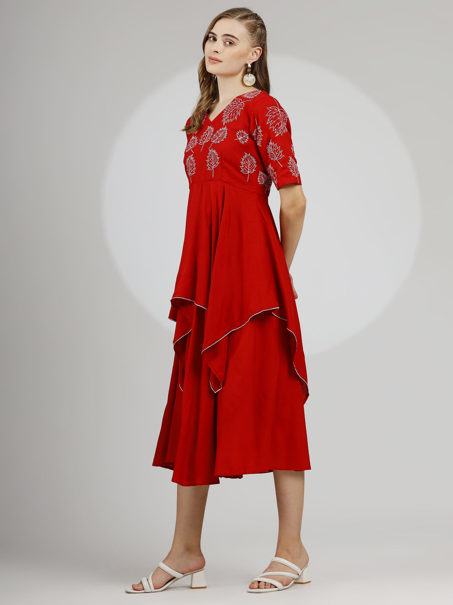 Scarlet Elegance Hand-Embroidered Rayon Cotton Midi Dress