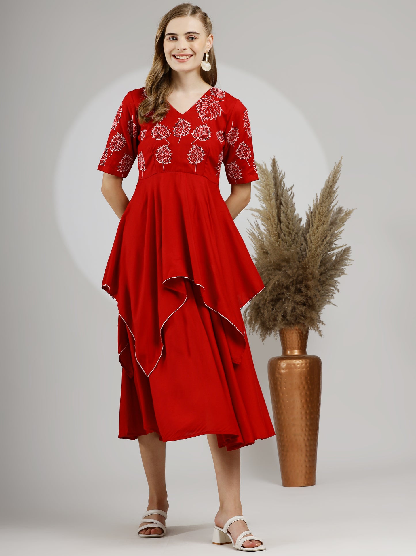 Scarlet Elegance Hand-Embroidered Rayon Cotton Midi Dress