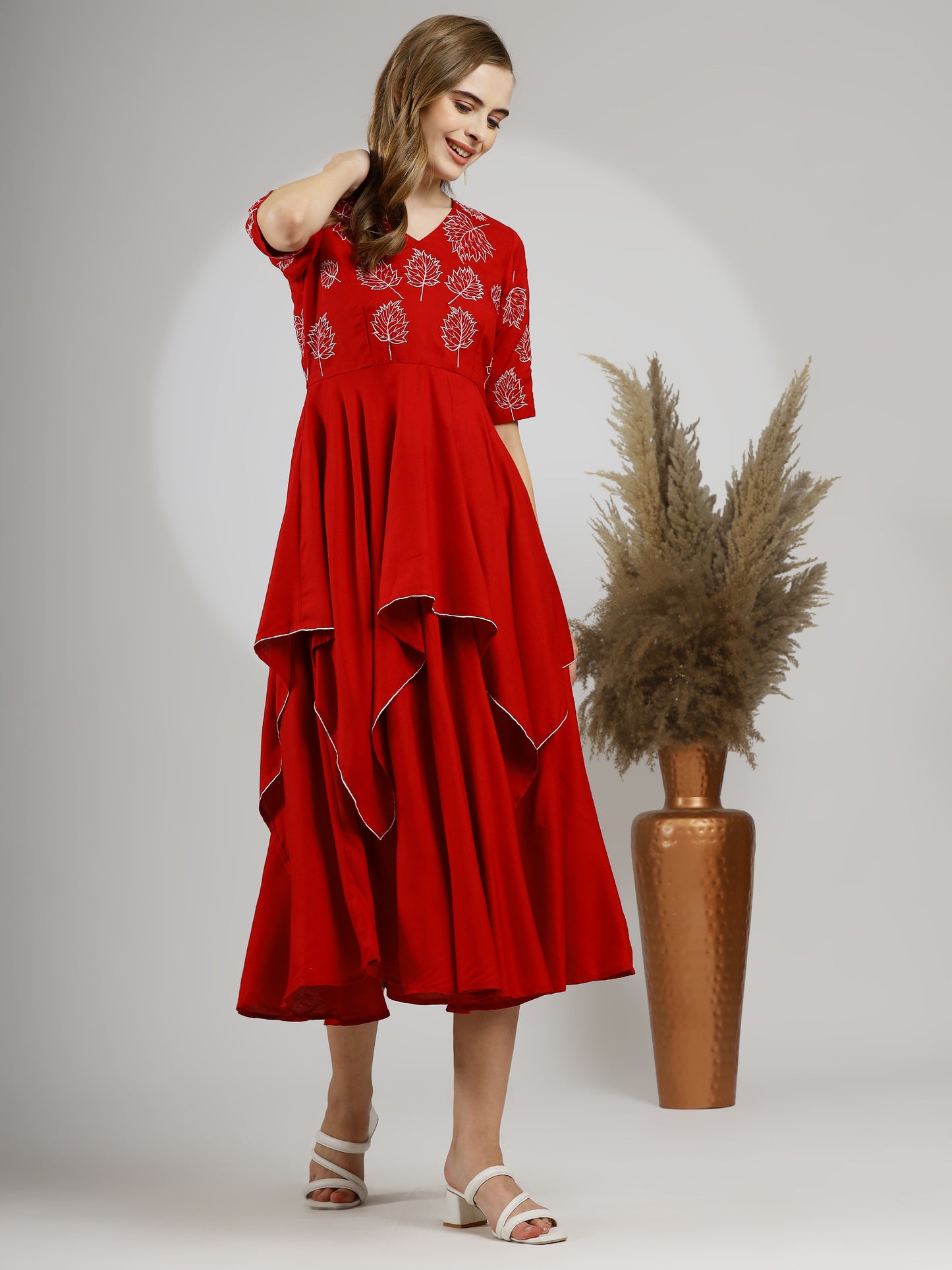 Scarlet Elegance Hand-Embroidered Rayon Cotton Midi Dress