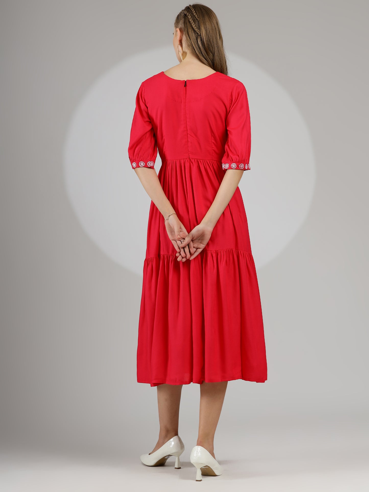 Hand-Embroidered Midi Dress in Hot Pink - Rayon Cotton