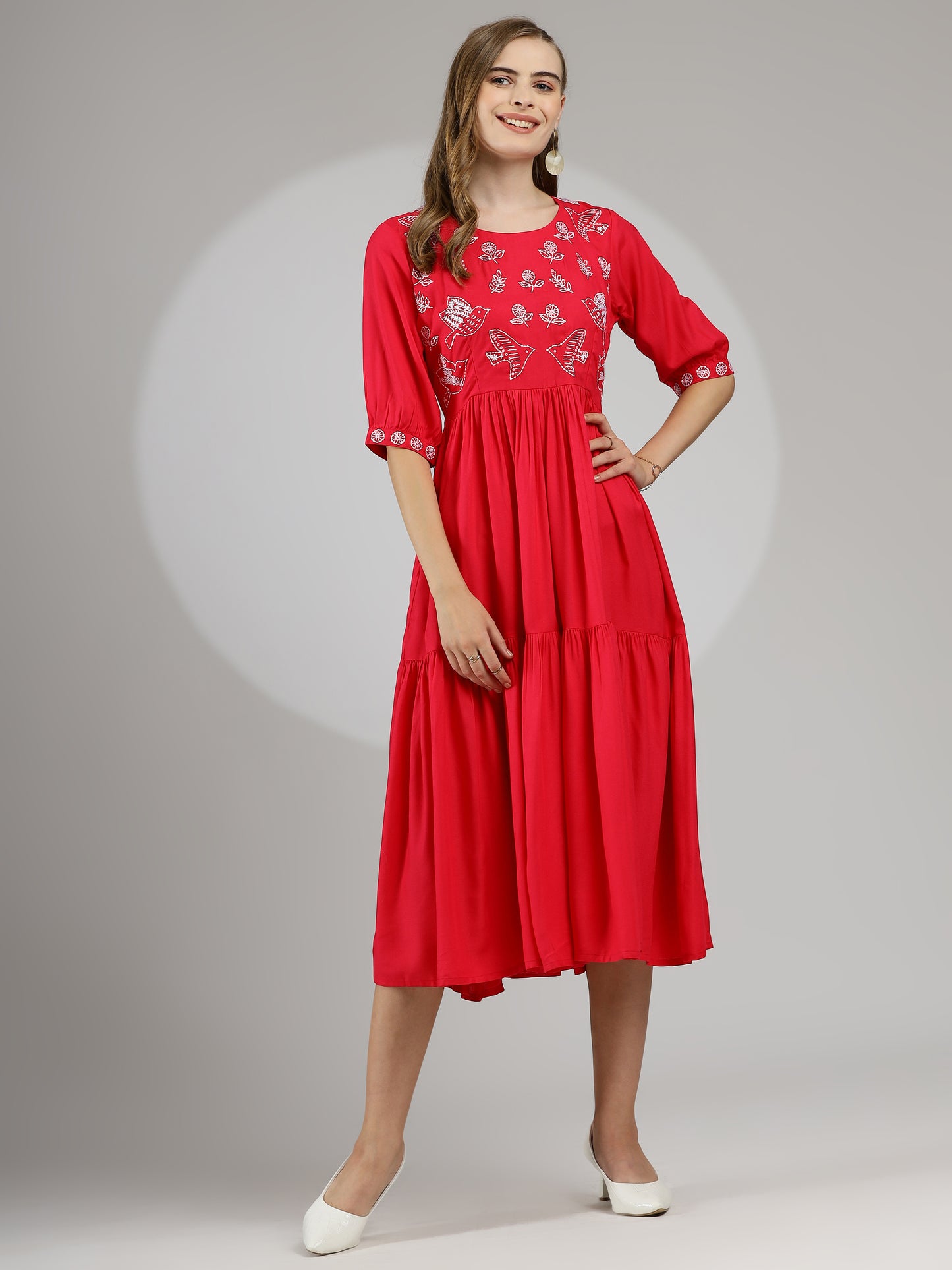 Hand-Embroidered Midi Dress in Hot Pink - Rayon Cotton