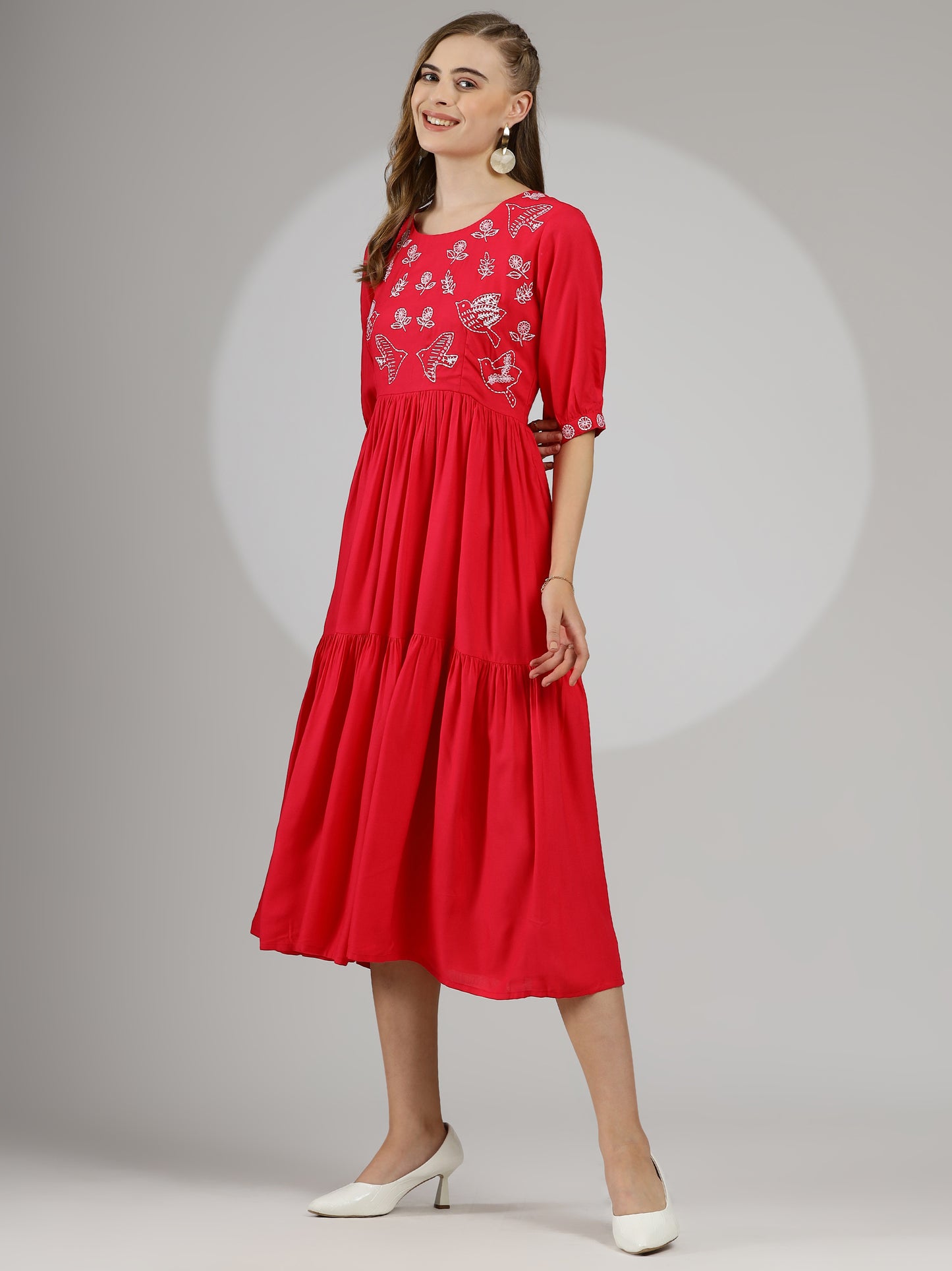 Hand-Embroidered Midi Dress in Hot Pink - Rayon Cotton