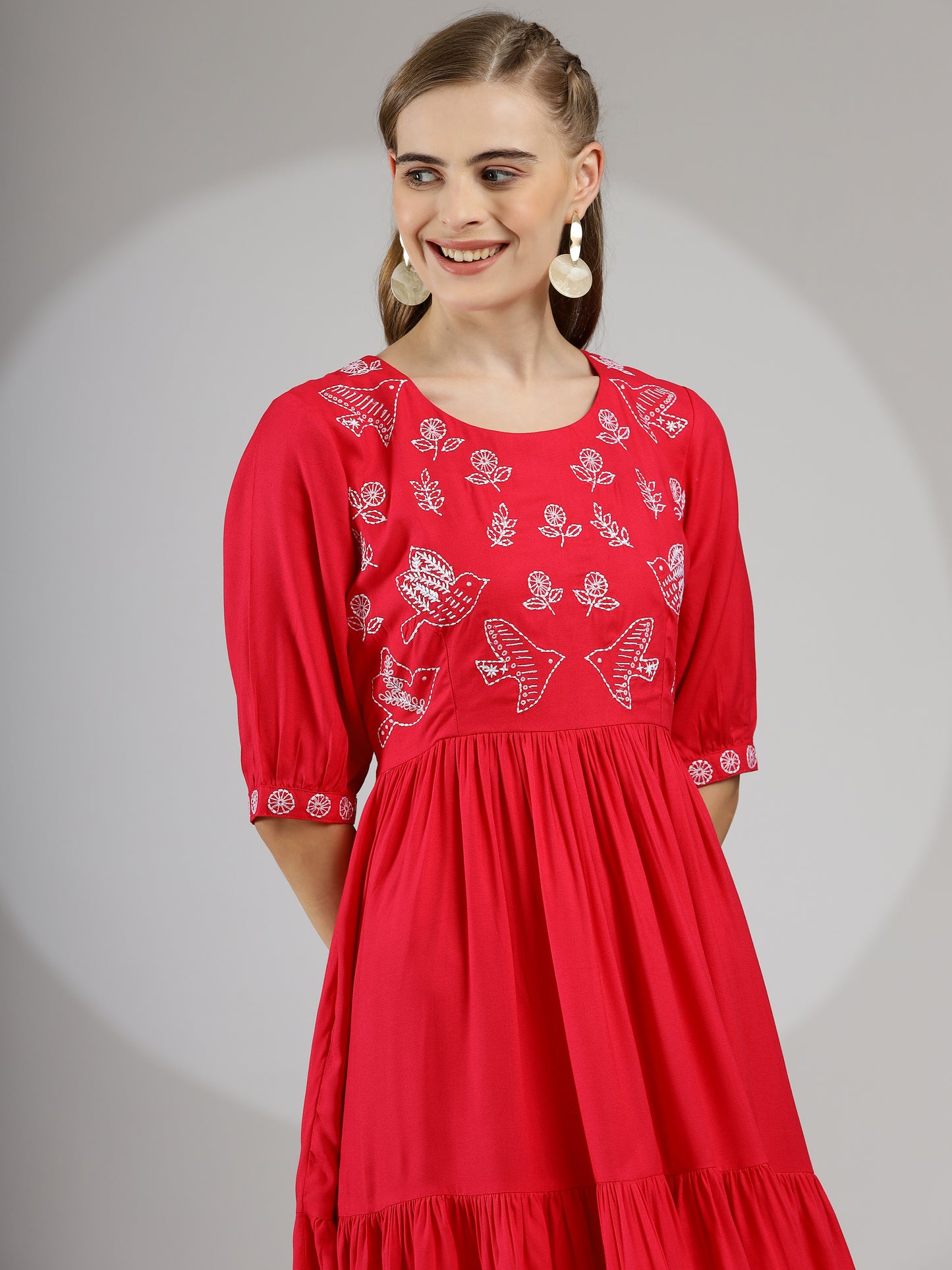 Hand-Embroidered Midi Dress in Hot Pink - Rayon Cotton