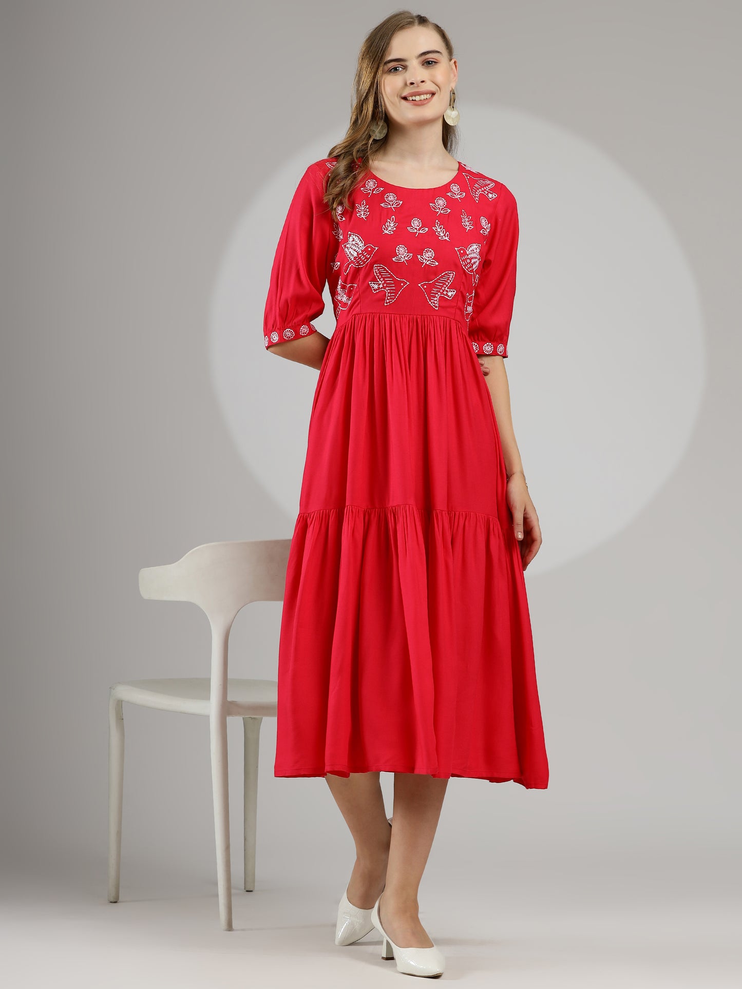 Hand-Embroidered Midi Dress in Hot Pink - Rayon Cotton