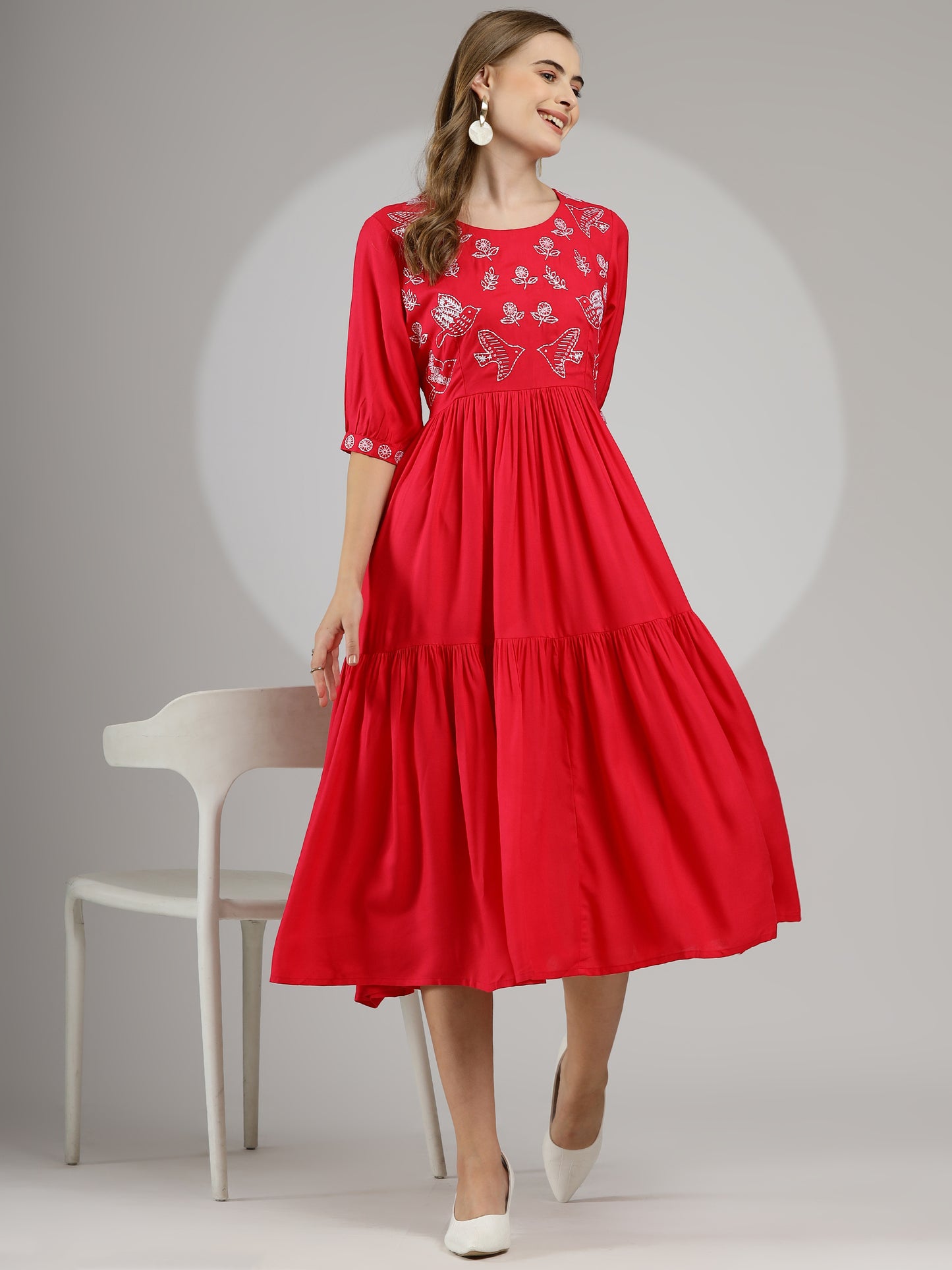 Hand-Embroidered Midi Dress in Hot Pink - Rayon Cotton