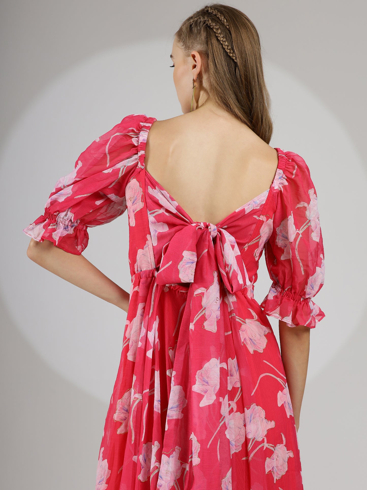 Pink Floral Dress with Back Tie Detail and Hand-Painted Foil Accents