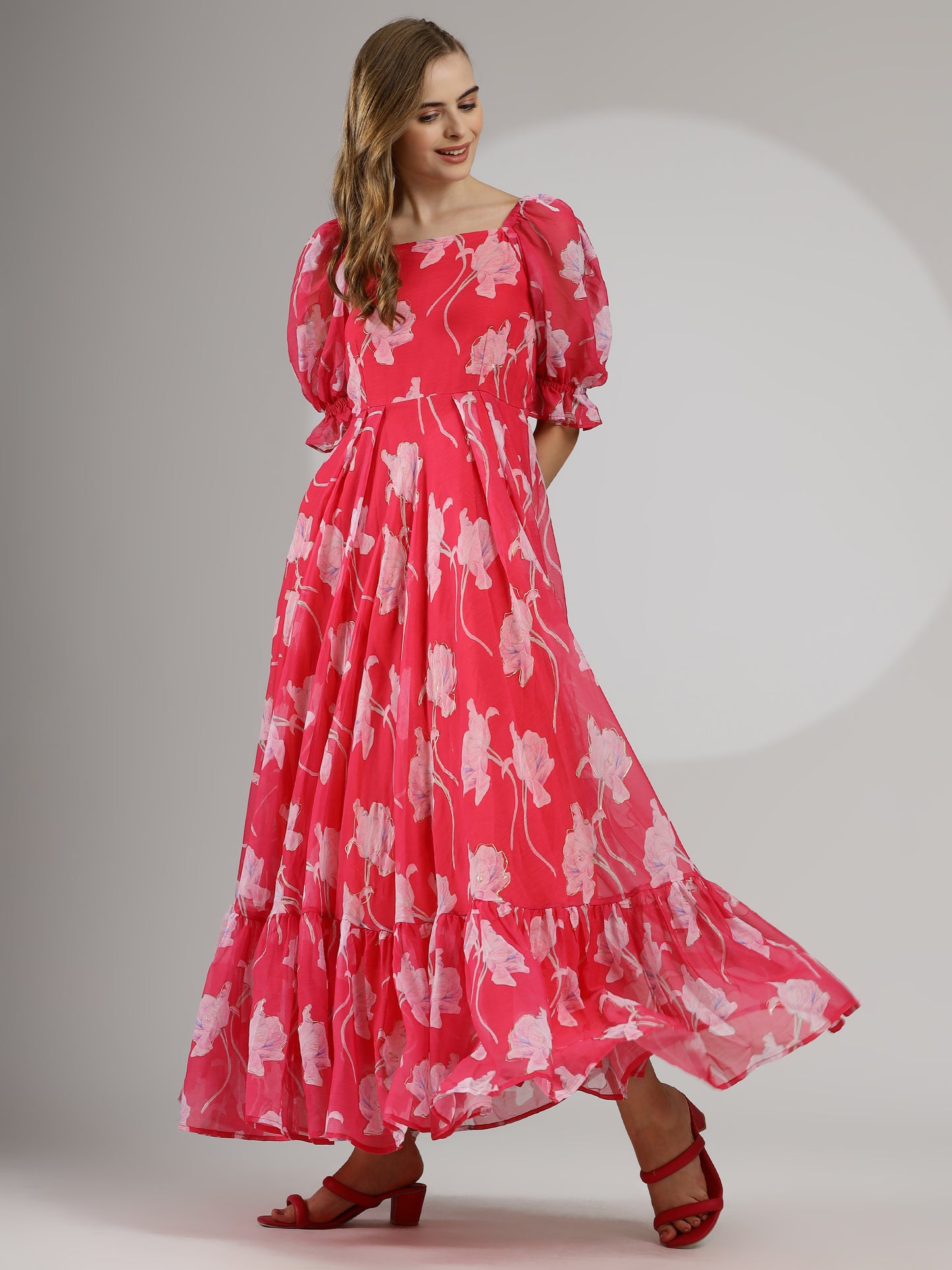 Pink Floral Dress with Back Tie Detail and Hand-Painted Foil Accents