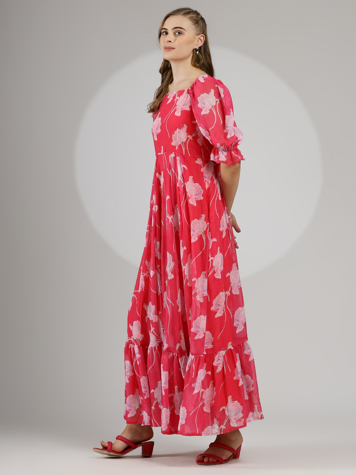 Pink Floral Dress with Back Tie Detail and Hand-Painted Foil Accents