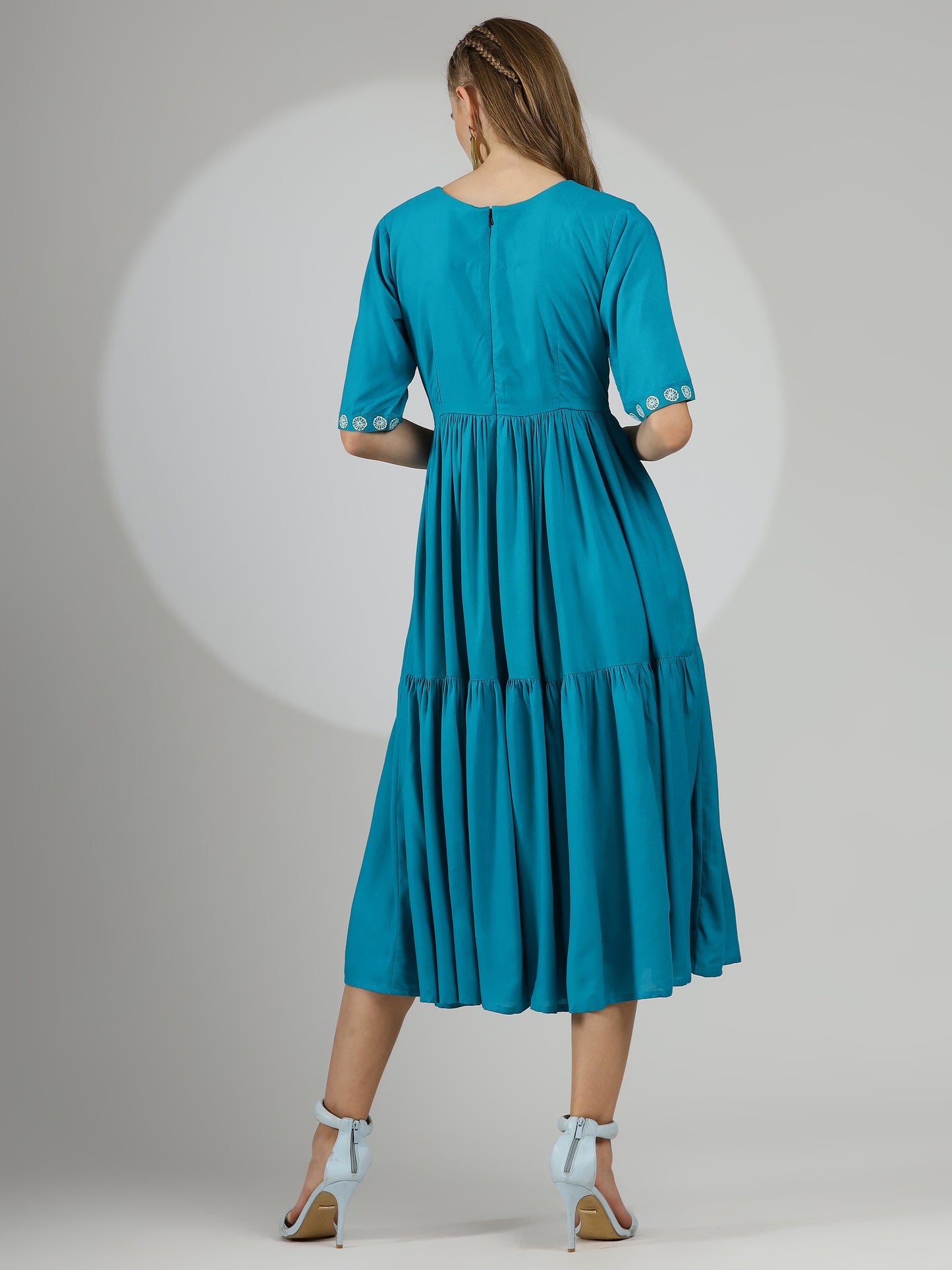 Hand-Embroidered Rayon Cotton Dress in Bright Blue