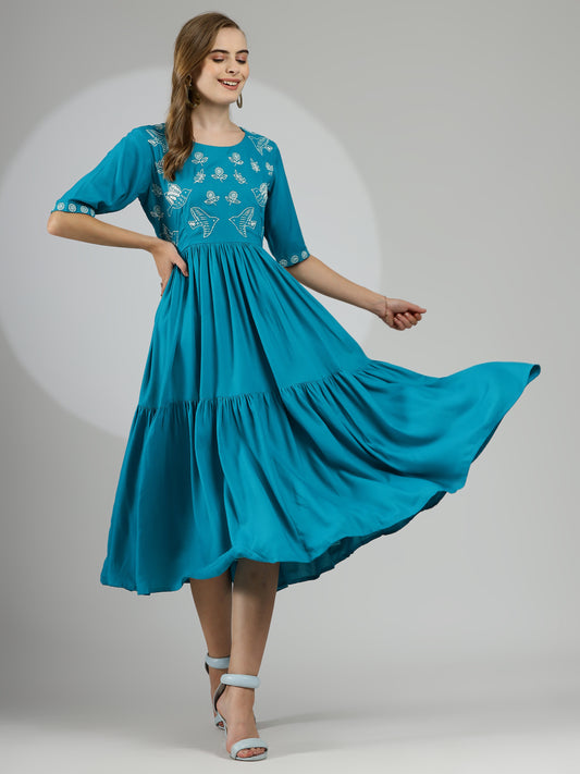 Hand-Embroidered Rayon Cotton Dress in Bright Blue