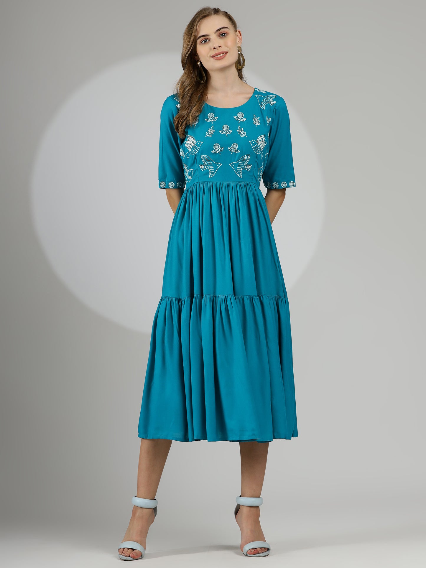 Hand-Embroidered Rayon Cotton Dress in Bright Blue