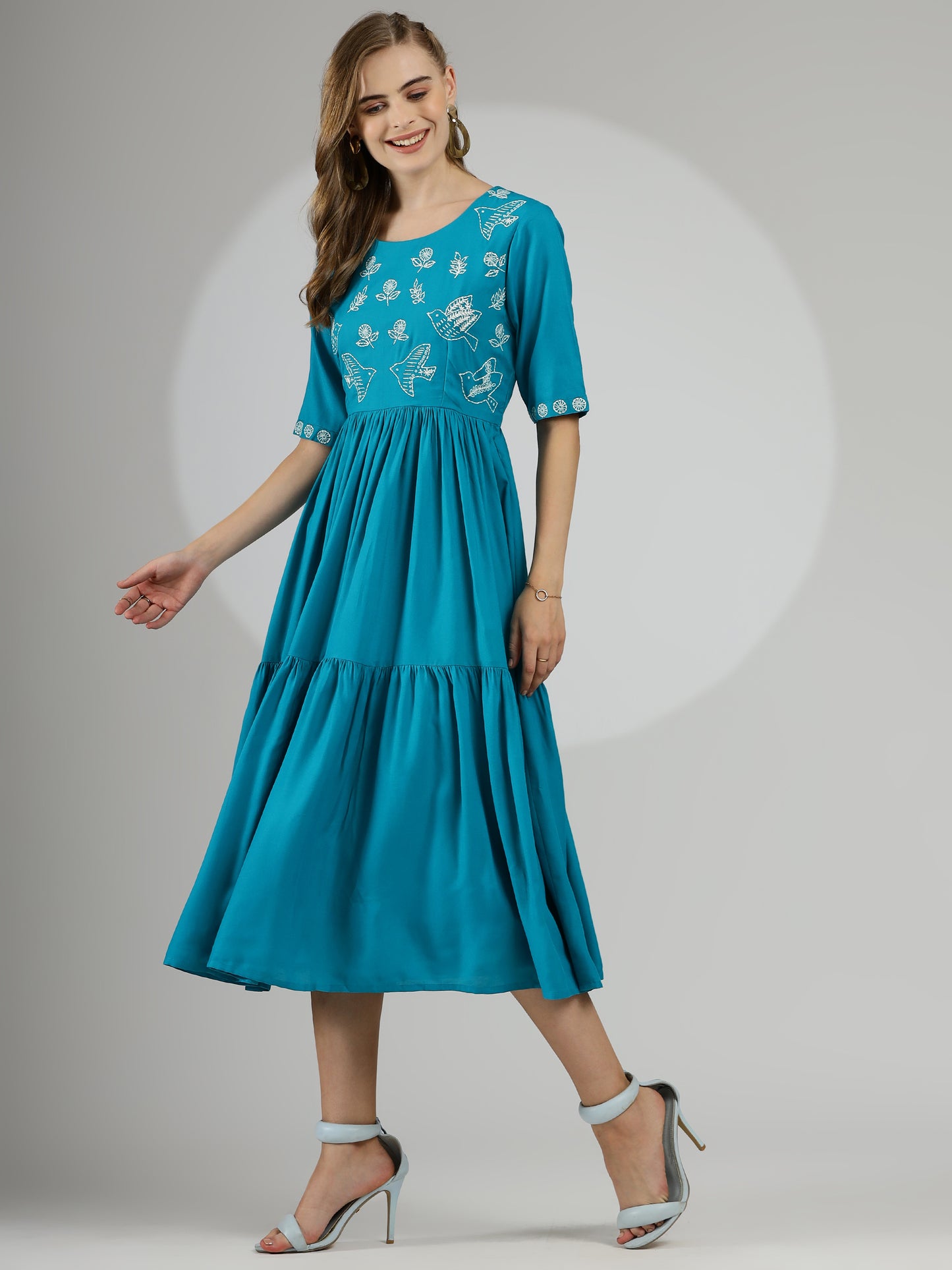 Hand-Embroidered Rayon Cotton Dress in Bright Blue