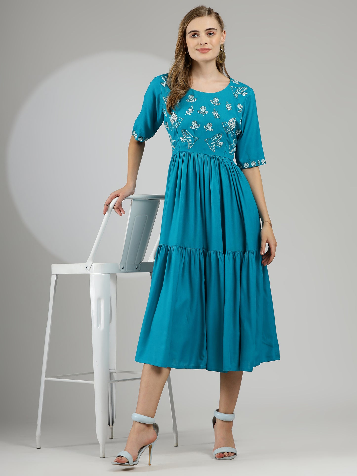 Hand-Embroidered Rayon Cotton Dress in Bright Blue