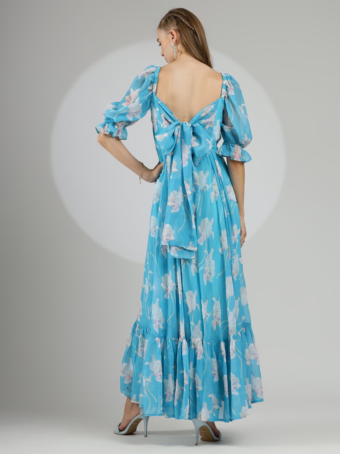 Hand-Painted Foil Floral Dress in Lovely Blue with Back Tie Detail