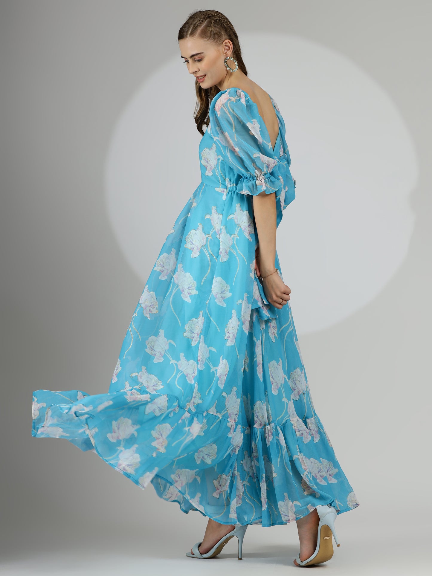 Hand-Painted Foil Floral Dress in Lovely Blue with Back Tie Detail