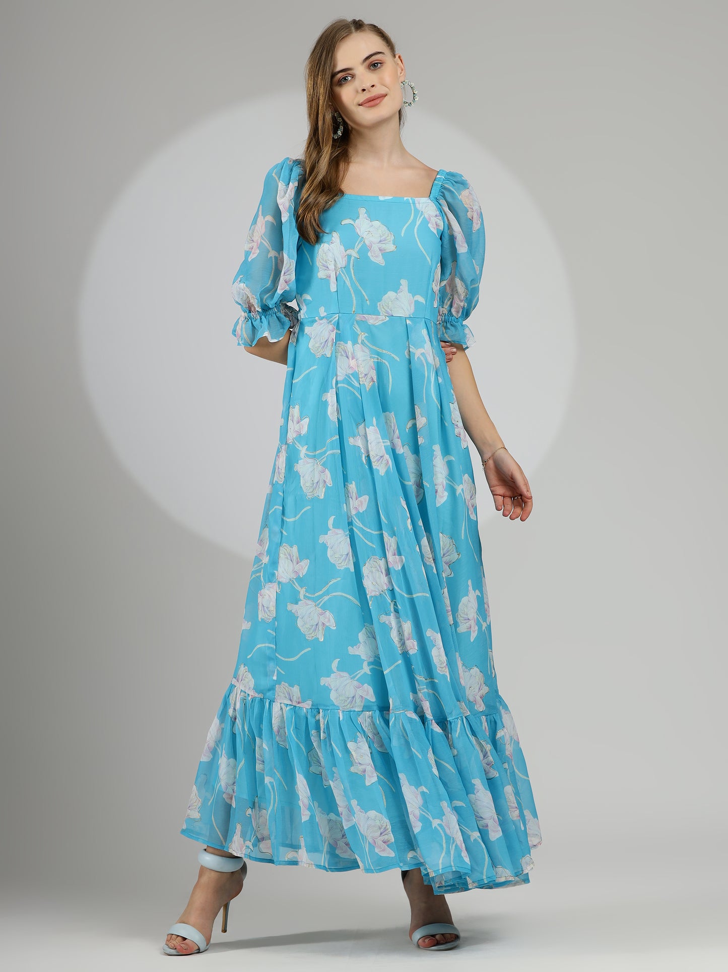 Hand-Painted Foil Floral Dress in Lovely Blue with Back Tie Detail