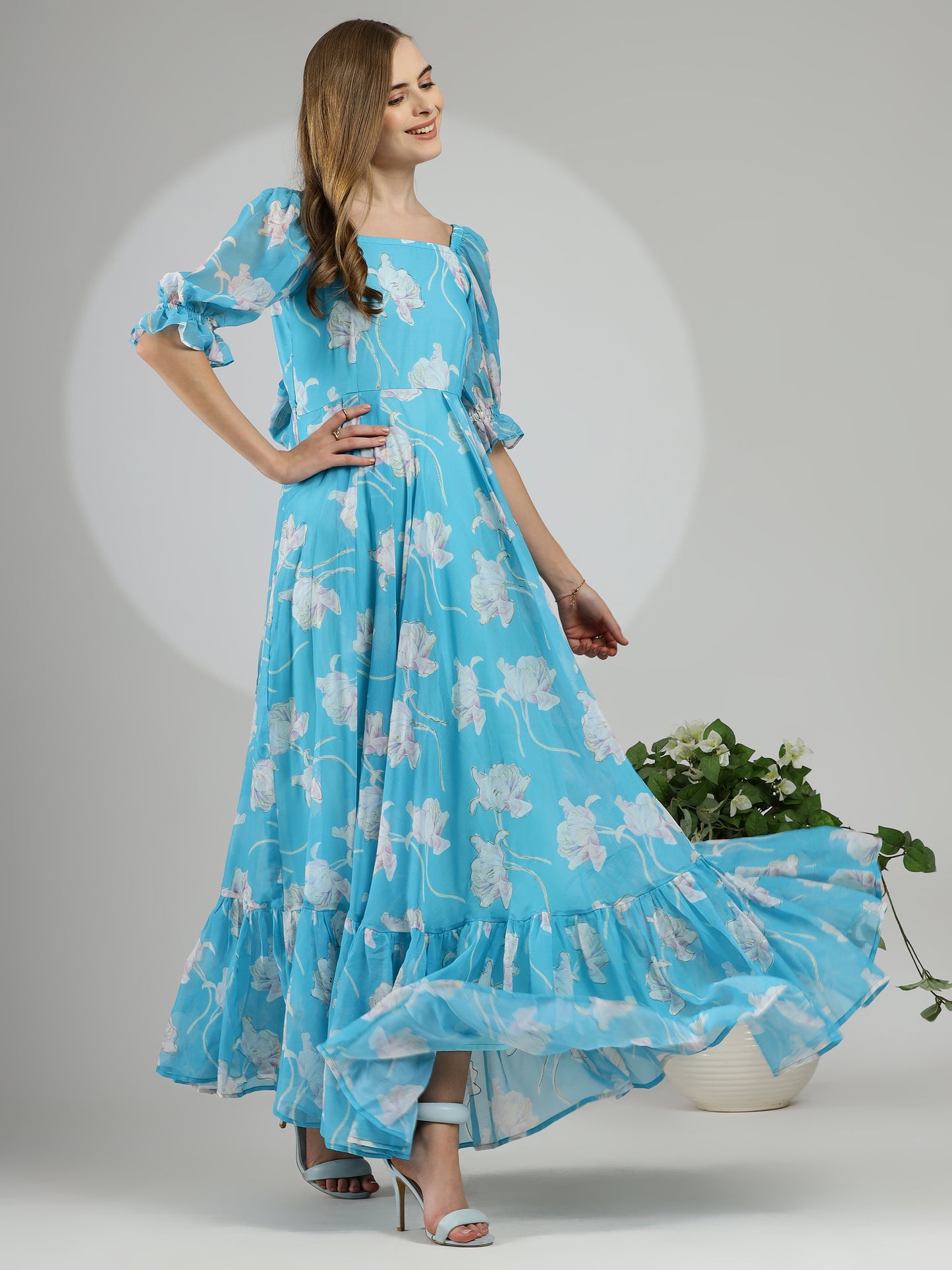 Hand-Painted Foil Floral Dress in Lovely Blue with Back Tie Detail