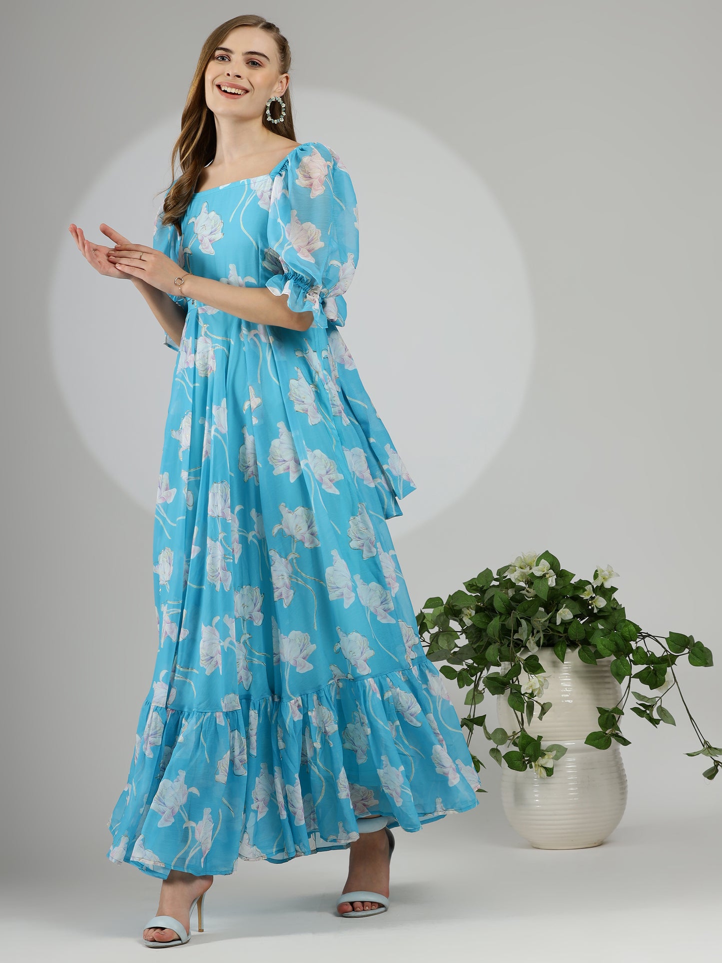 Hand-Painted Foil Floral Dress in Lovely Blue with Back Tie Detail