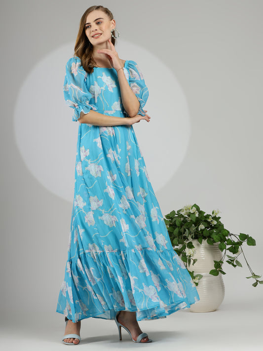 Hand-Painted Foil Floral Dress in Lovely Blue with Back Tie Detail