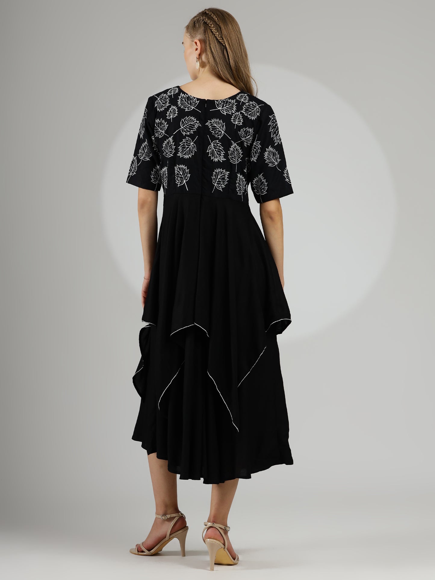 Chic Elegant Hand-Embroidered Rayon Cotton Dress in Black