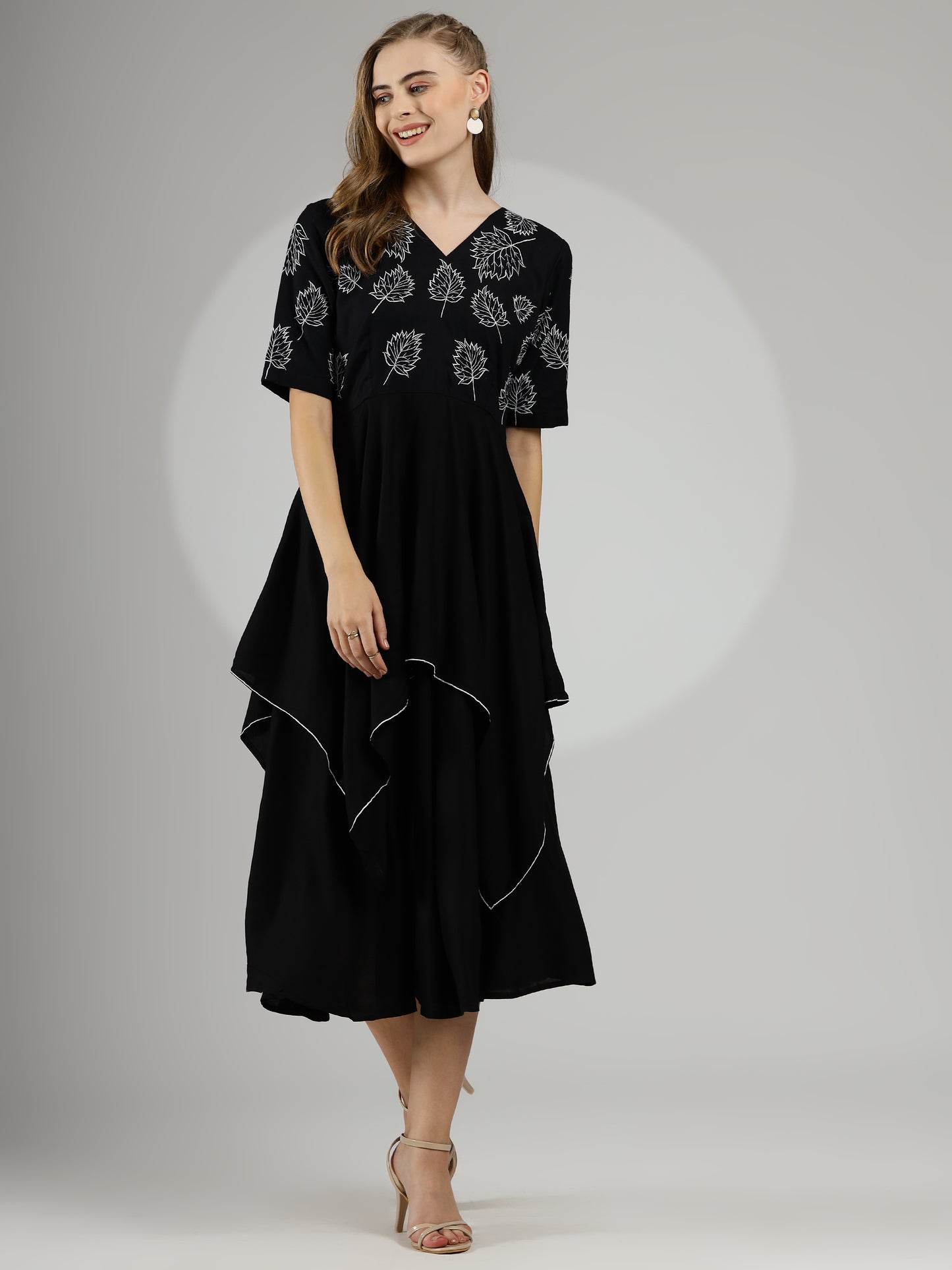 Chic Elegant Hand-Embroidered Rayon Cotton Dress in Black