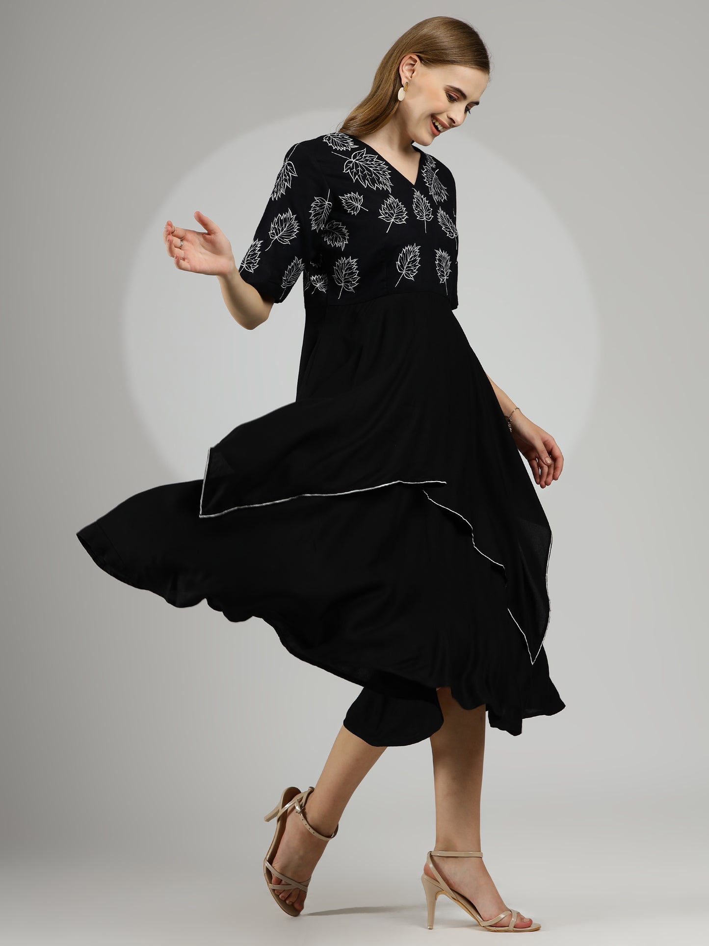 Chic Elegant Hand-Embroidered Rayon Cotton Dress in Black