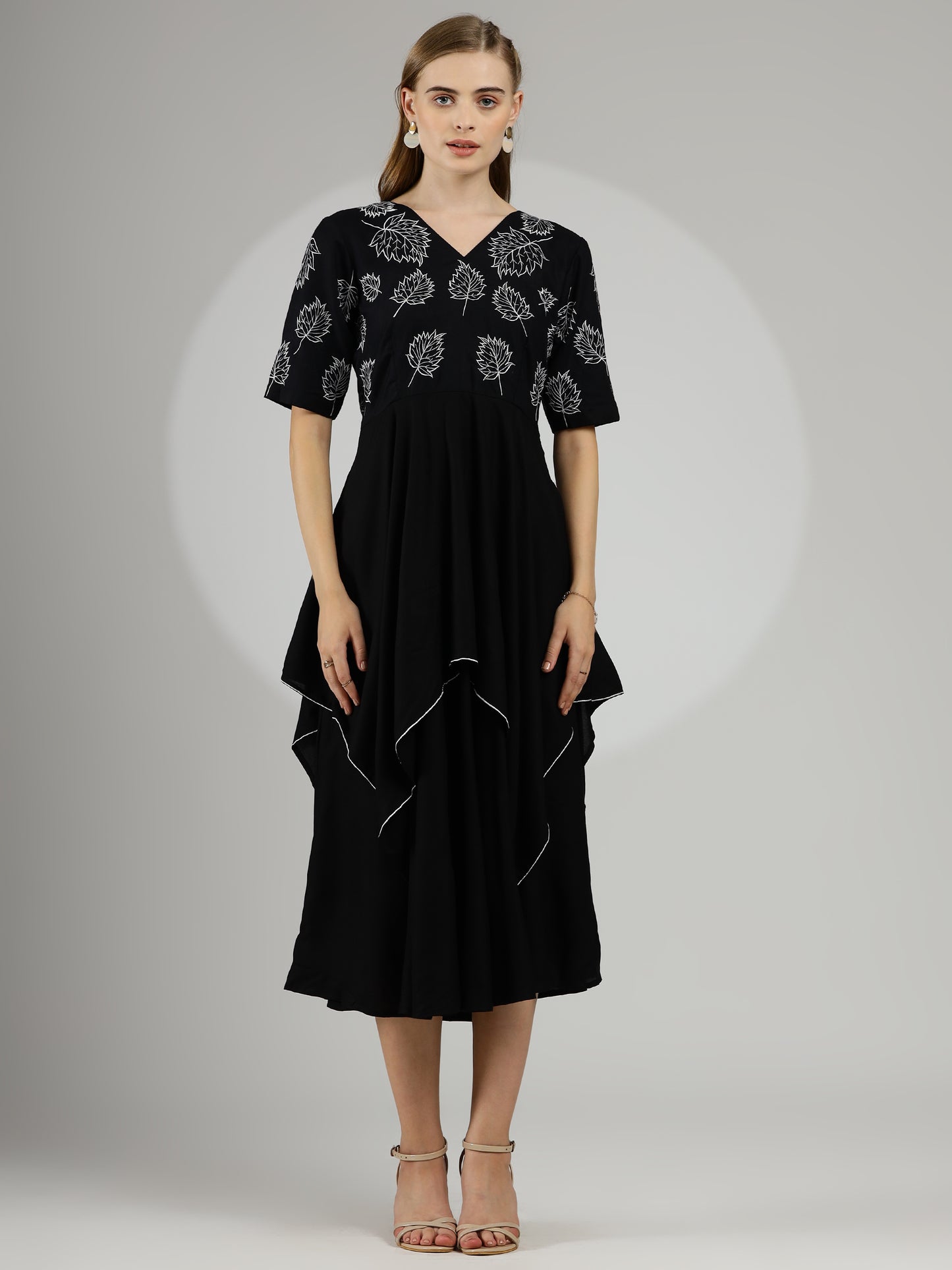 Chic Elegant Hand-Embroidered Rayon Cotton Dress in Black