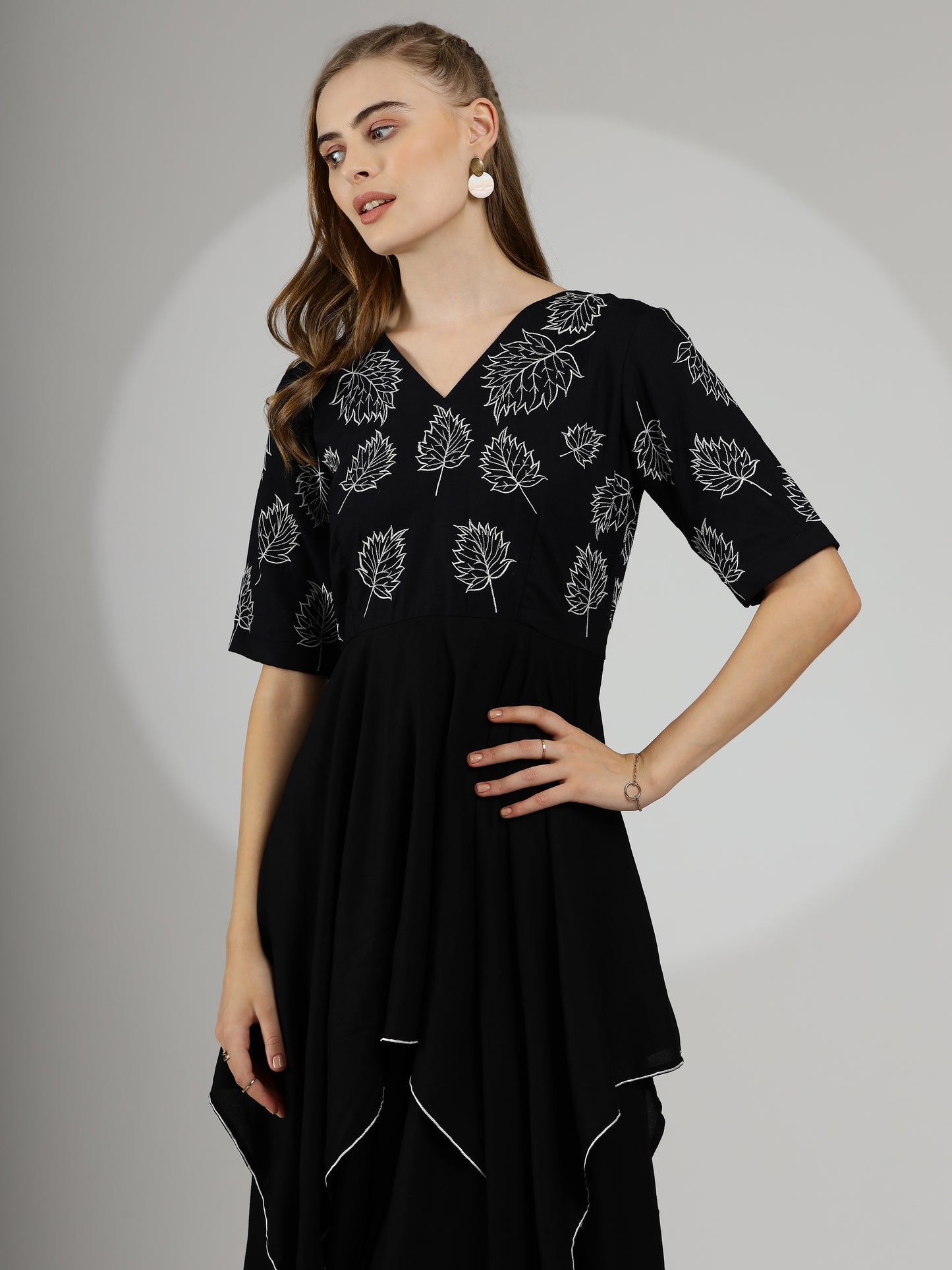 Chic Elegant Hand-Embroidered Rayon Cotton Dress in Black