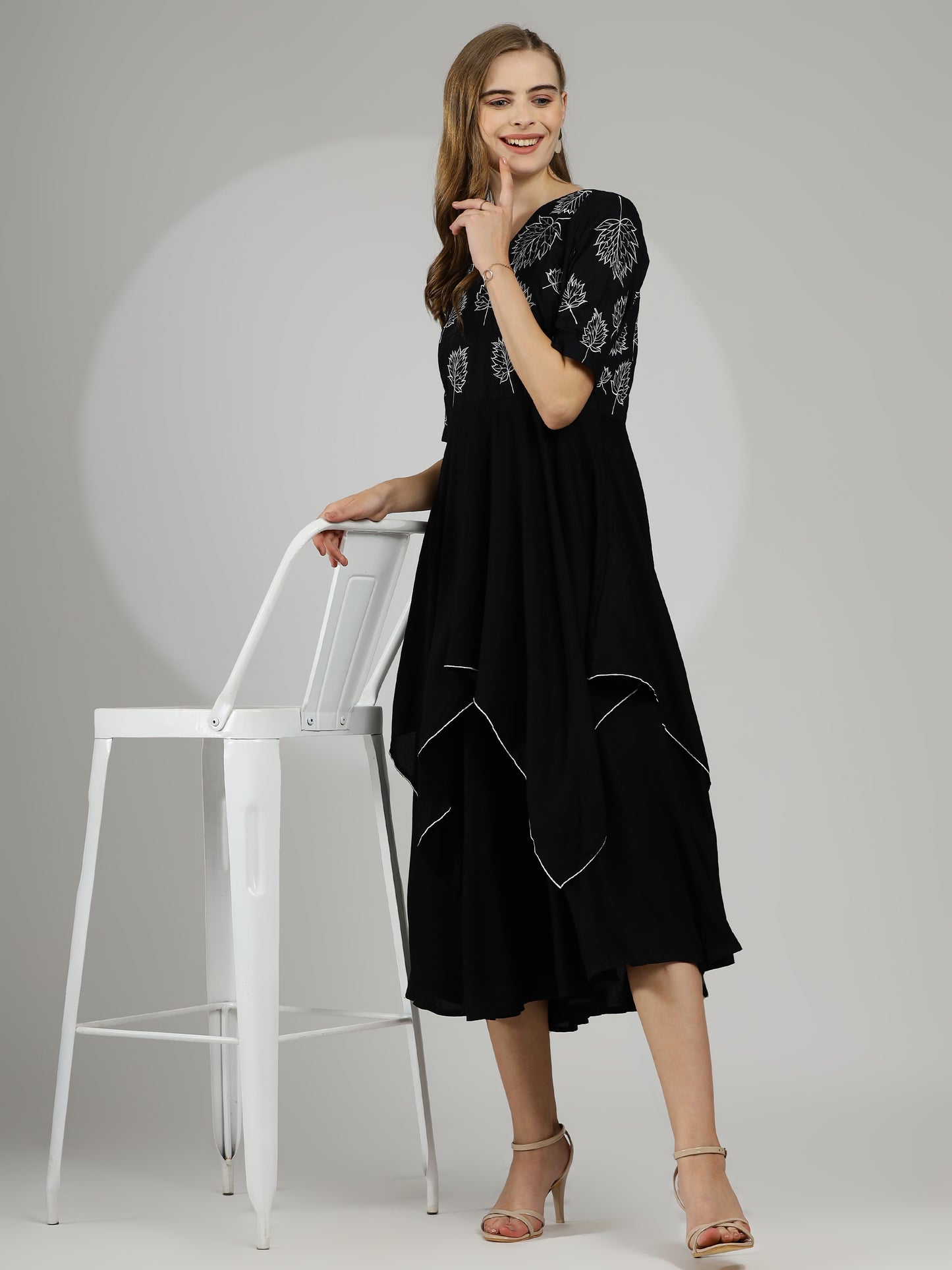 Chic Elegant Hand-Embroidered Rayon Cotton Dress in Black