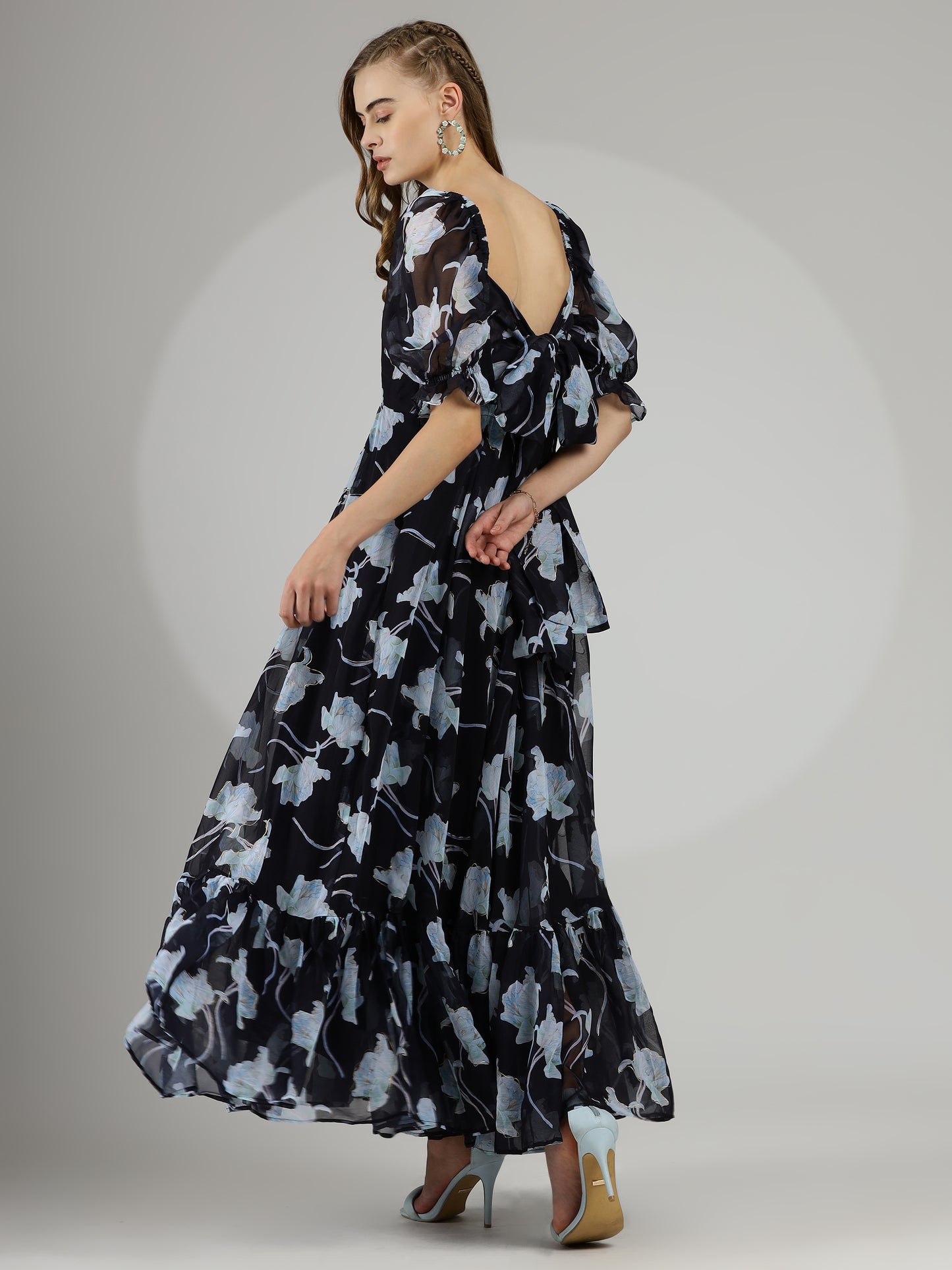 Black Floral Maxi Dress with Hand-Painted Foil and Back Tie Detail