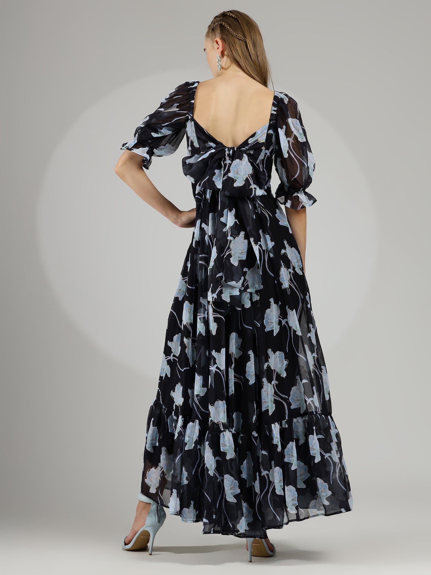 Black Floral Maxi Dress with Hand-Painted Foil and Back Tie Detail