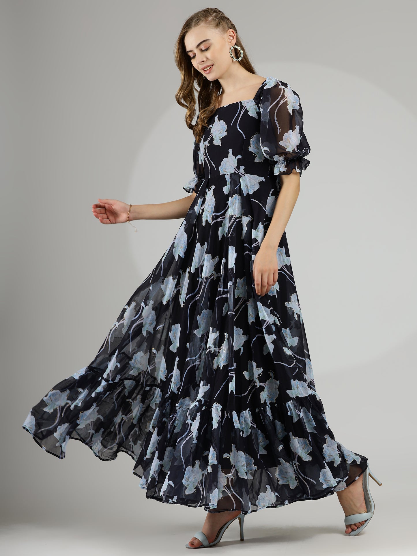 Black Floral Maxi Dress with Hand-Painted Foil and Back Tie Detail