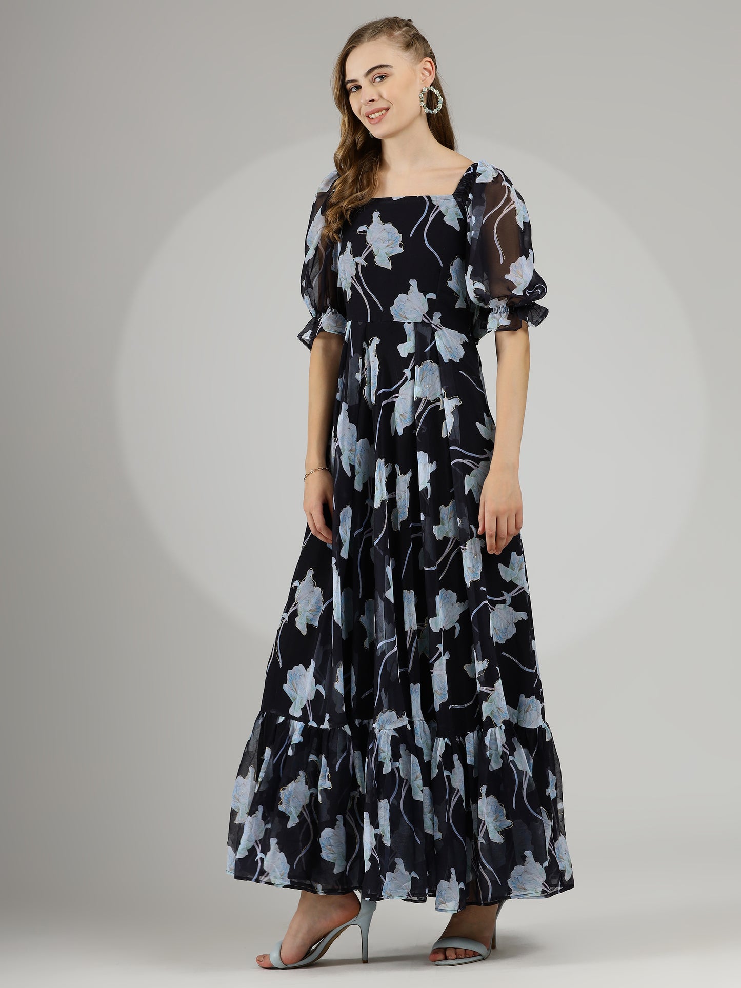 Black Floral Maxi Dress with Hand-Painted Foil and Back Tie Detail