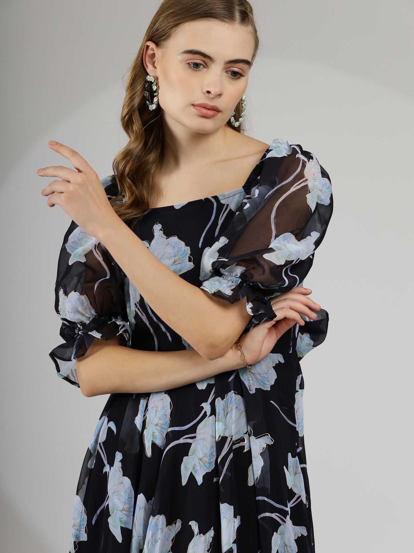 Black Floral Maxi Dress with Hand-Painted Foil and Back Tie Detail