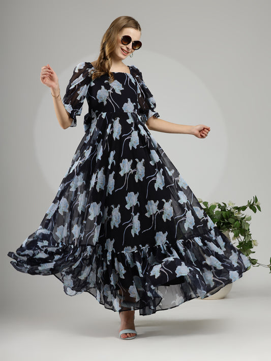 Black Floral Maxi Dress with Hand-Painted Foil and Back Tie Detail