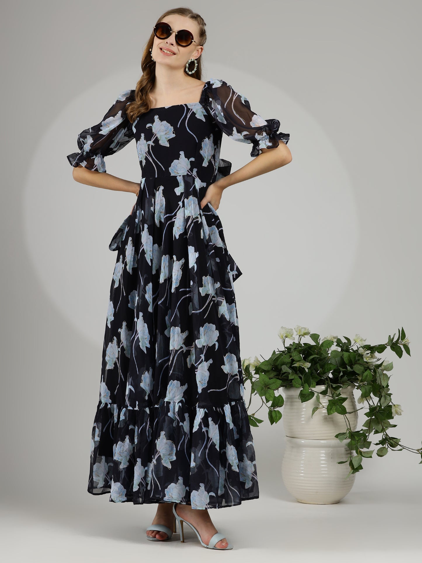 Black Floral Maxi Dress with Hand-Painted Foil and Back Tie Detail