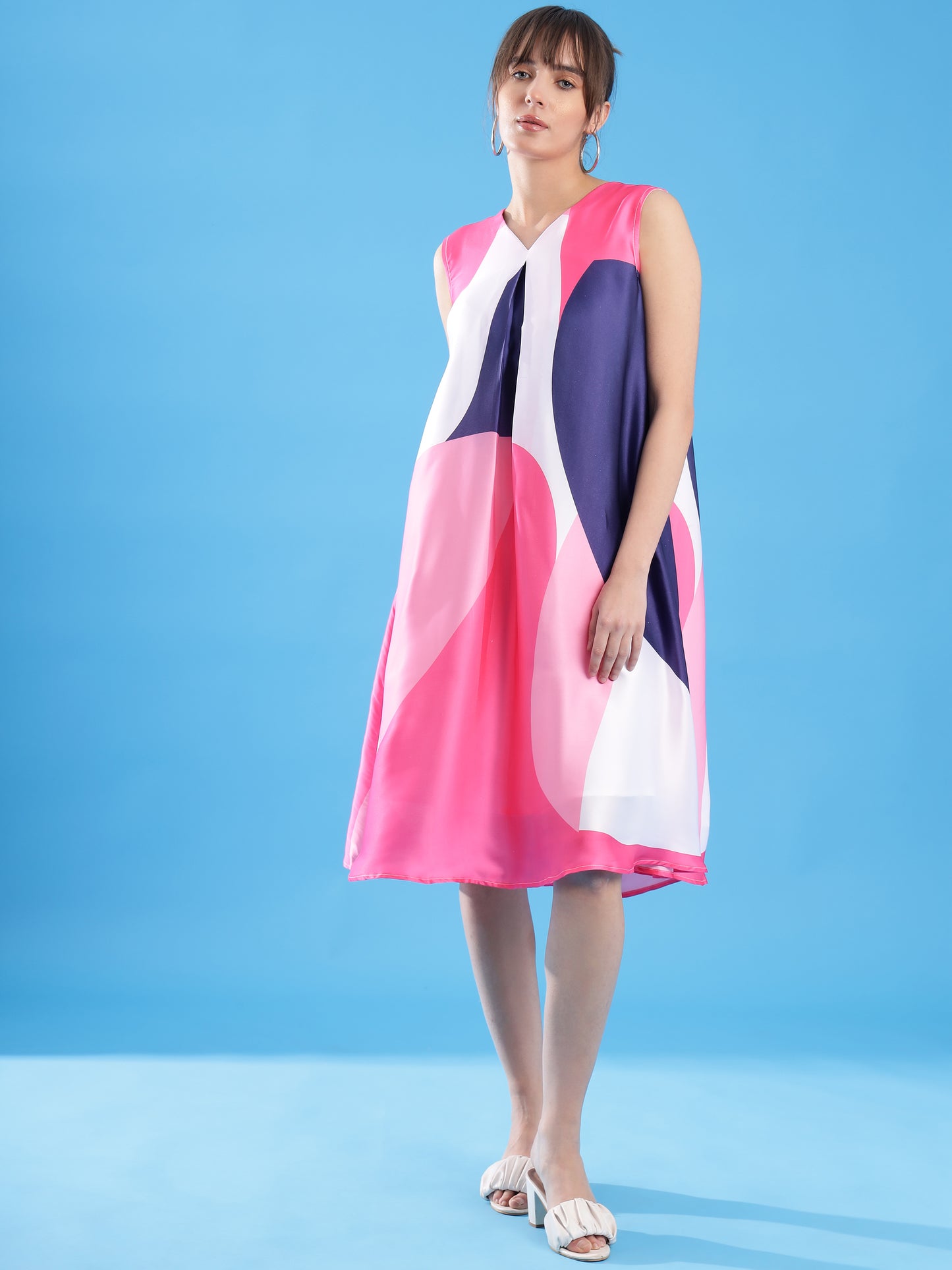 KSHWE's Radiant Bloom: Colourful Satin A-Line Dress for Effortless Elegance