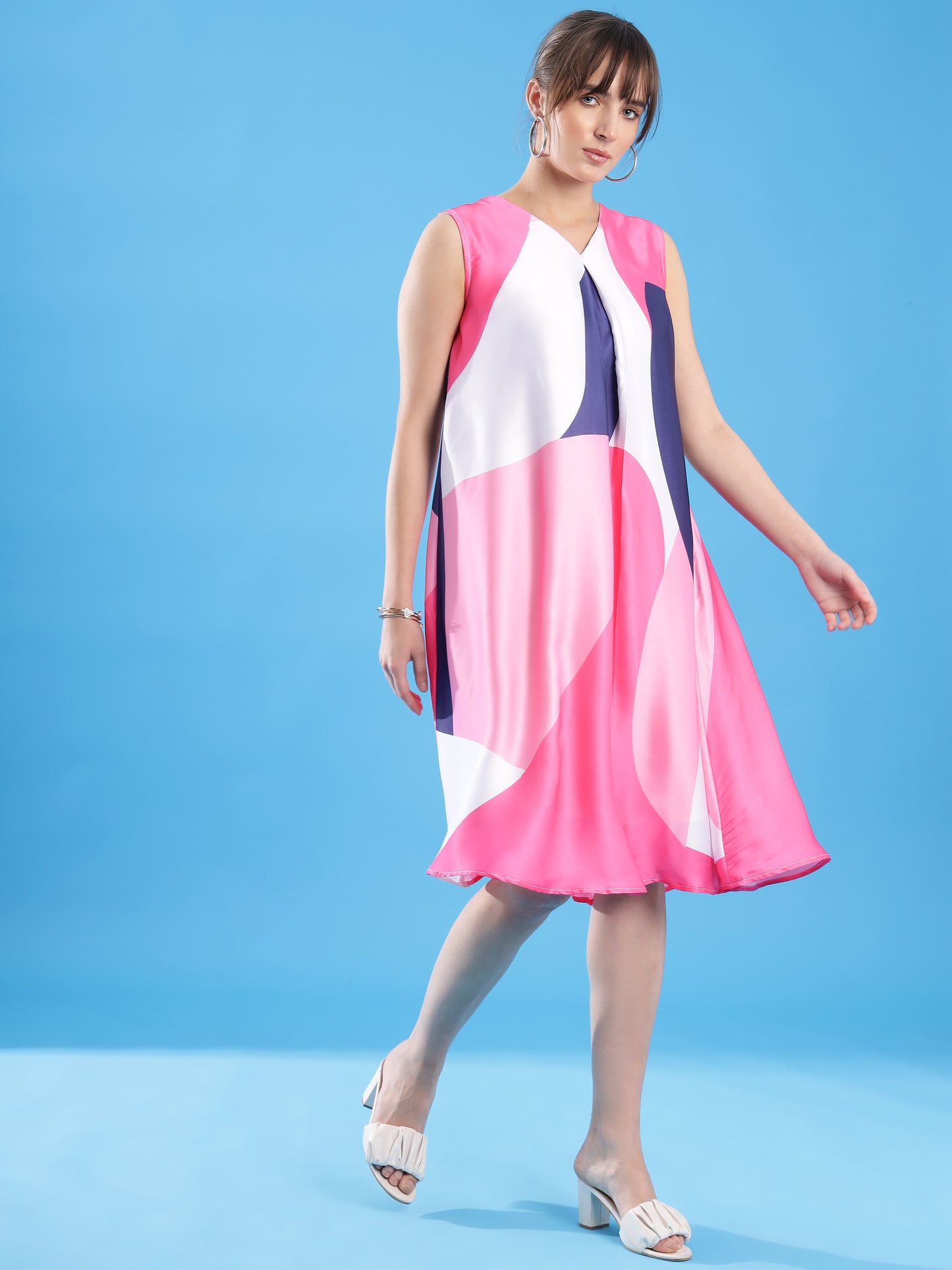 KSHWE's Radiant Bloom: Colourful Satin A-Line Dress for Effortless Elegance