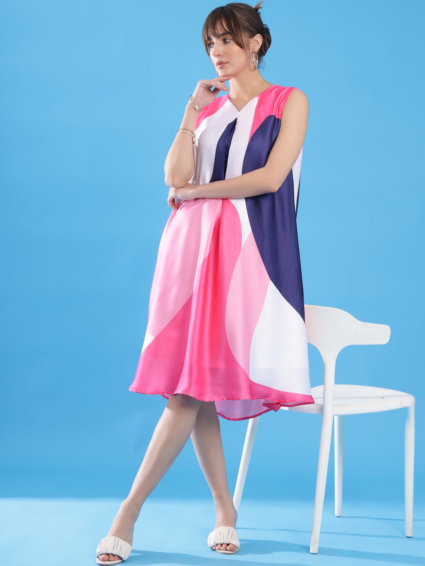 KSHWE's Radiant Bloom: Colourful Satin A-Line Dress for Effortless Elegance