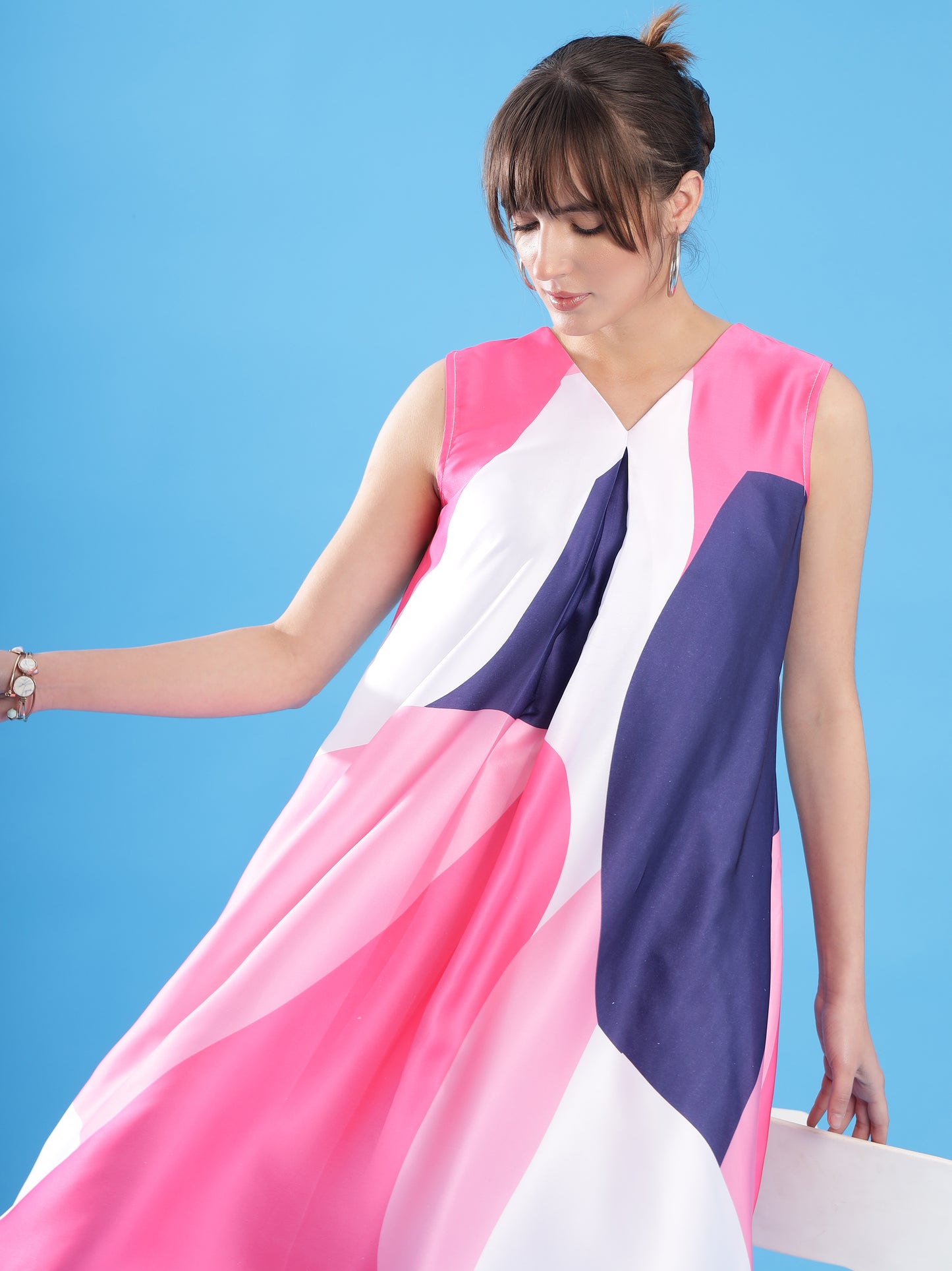 KSHWE's Radiant Bloom: Colourful Satin A-Line Dress for Effortless Elegance