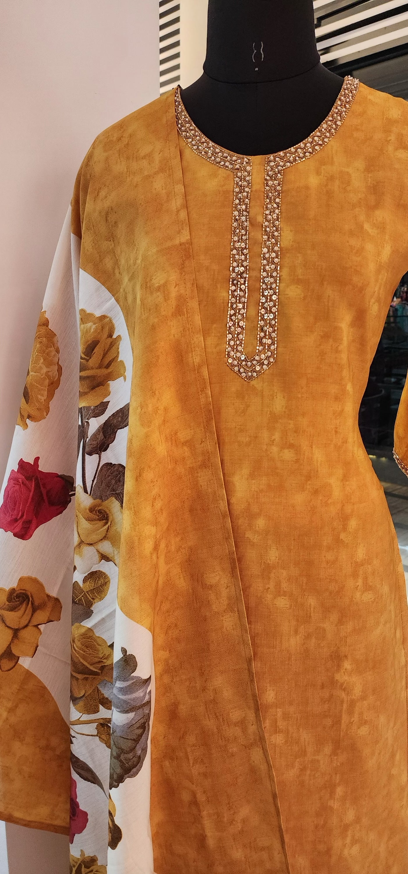 Yellow Cotton Suit Set with Floral Dupatta and Neckline Embroidery