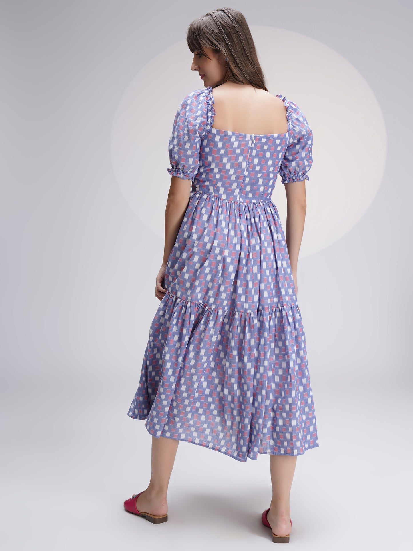 Mercerized Ikat Midi Dress in Lovely Blue Checks