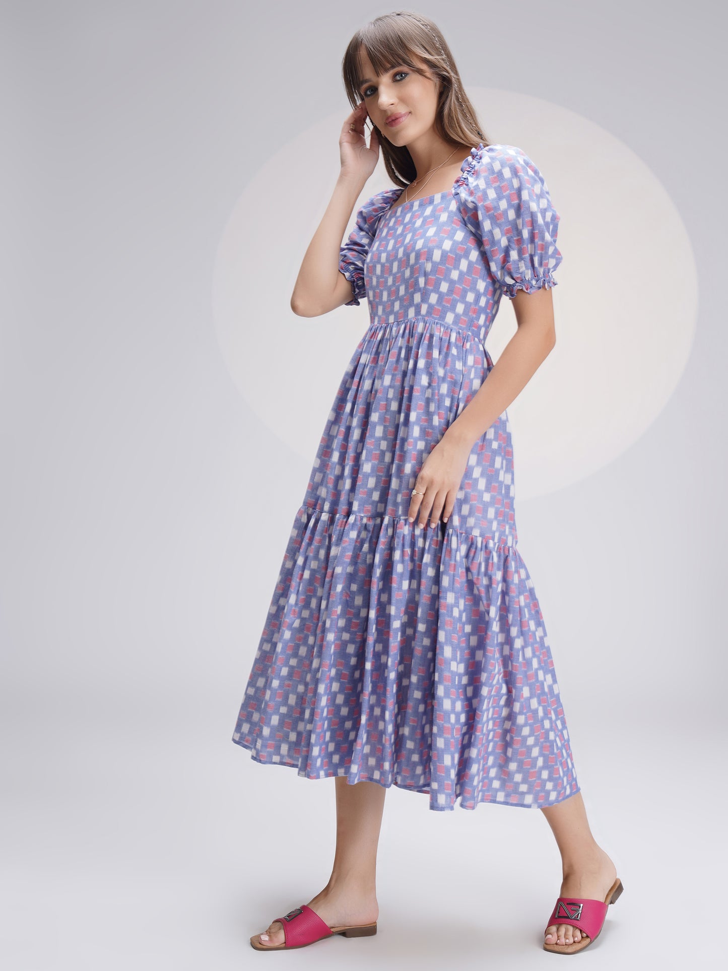 Mercerized Ikat Midi Dress in Lovely Blue Checks