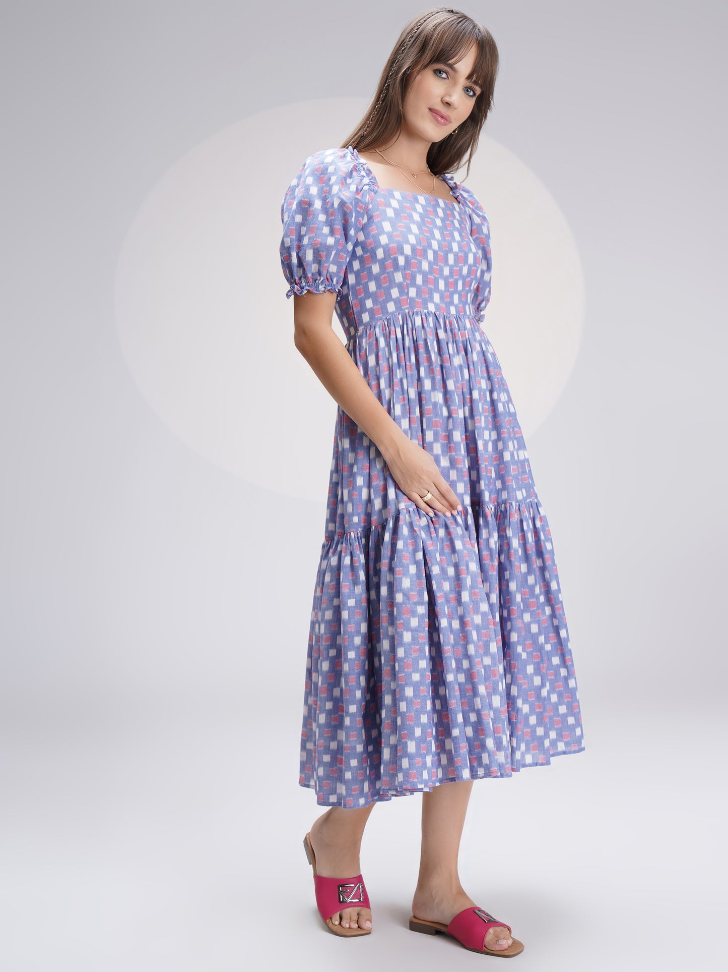 Mercerized Ikat Midi Dress in Lovely Blue Checks